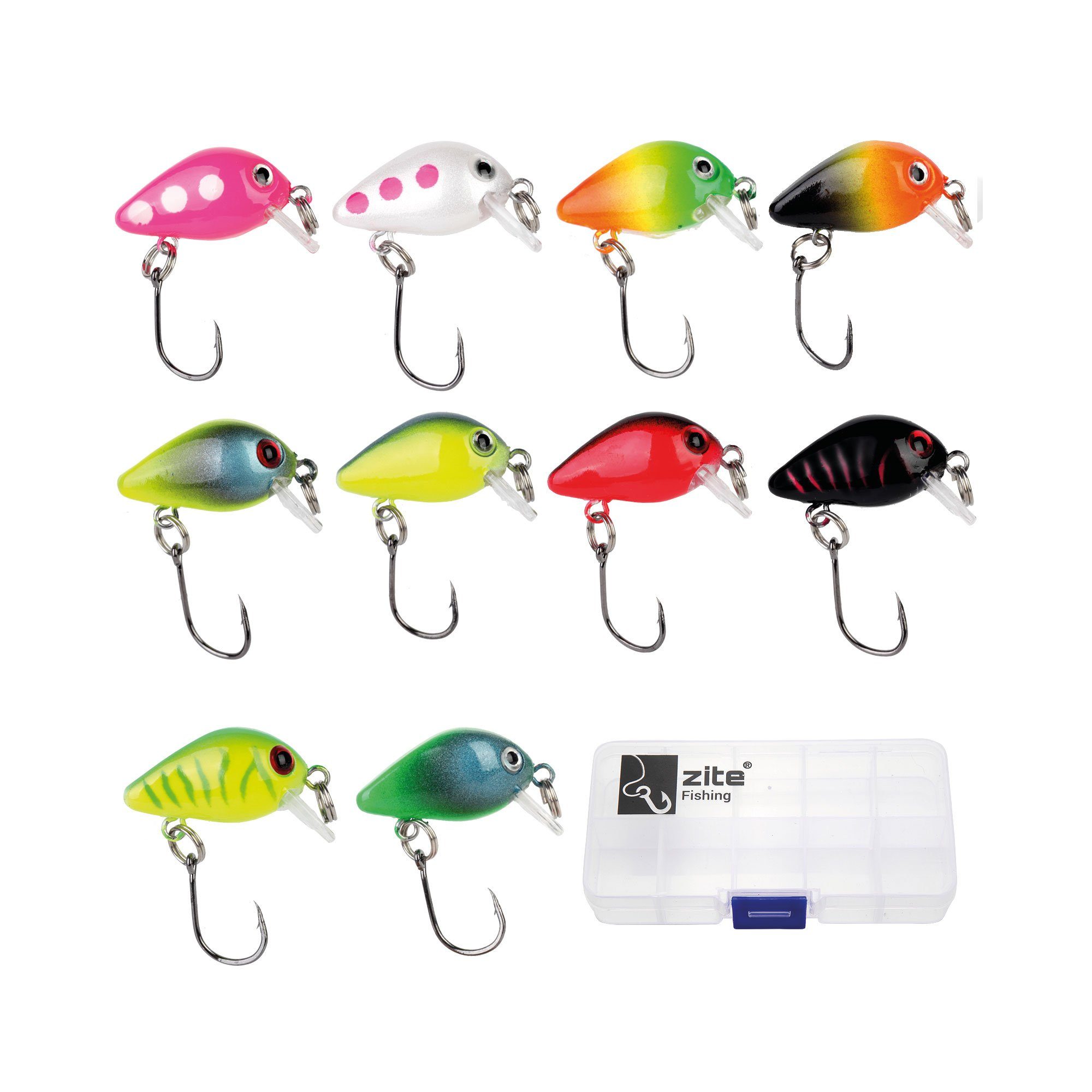 Zite Kunstköder Neon Mini-Wobbler-Set 1,8 g 2,8 cm mit 3D-Augen UV-Aktiv 10 Stück