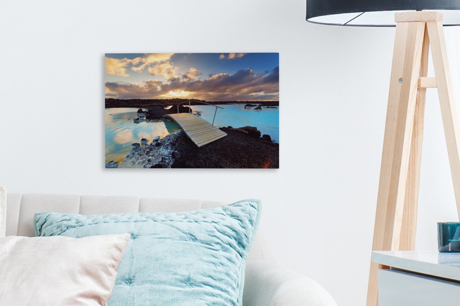 OneMillionCanvasses® Leinwandbild Blaue Lagune St), (1 Leinwandbilder, cm bei Sonnenuntergang Wanddeko, Wandbild in 30x20 Aufhängefertig, Island