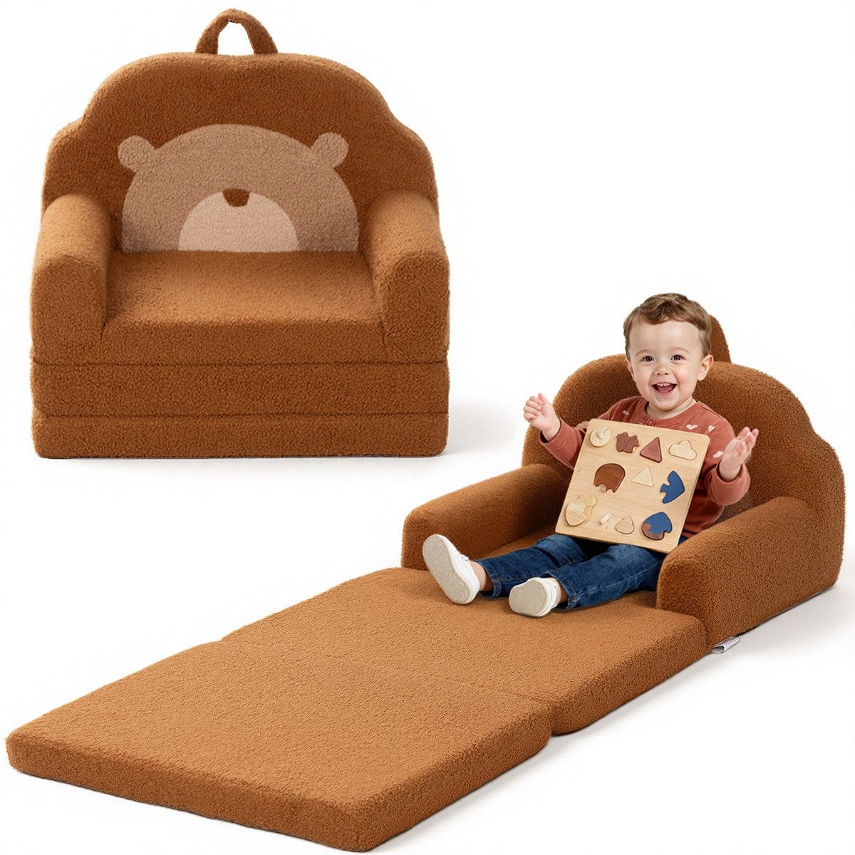 Insma Kindersofa 2-in-1 Kinder Schlafsofa Spielsofa Sofabett Bär Klappbar, Kindersessel Spielcouch 120×50×41cm, Maximale Tragfähigkeit 45 kg