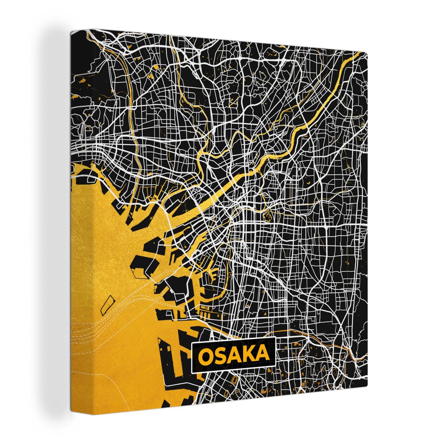 OneMillionCanvasses® Leinwandbild Gold - Osaka - Stadtplan - Karte, (1 St), Leinwand Bilder für Wohnzimmer Schlafzimmer
