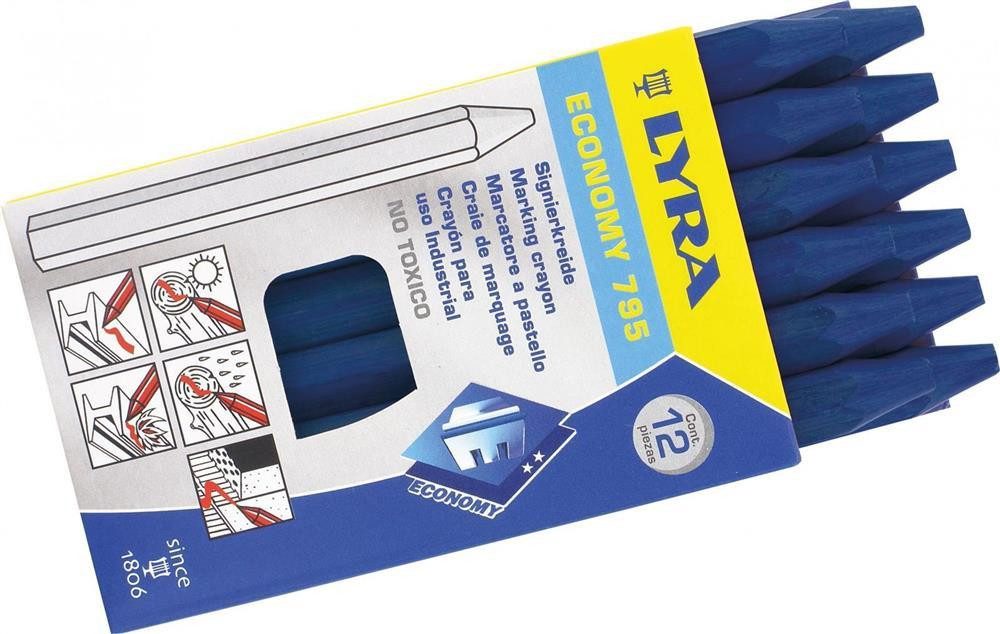 LYRA Kreidemarker Lyra Signierkreide 12 Stück blau, (auf Ölbasis, sechseckig - gespitzt - Ø11mm x 120mm (unpapiert), zum Beschriften von Holz, Nassholz, Stein und Metall geeignet
