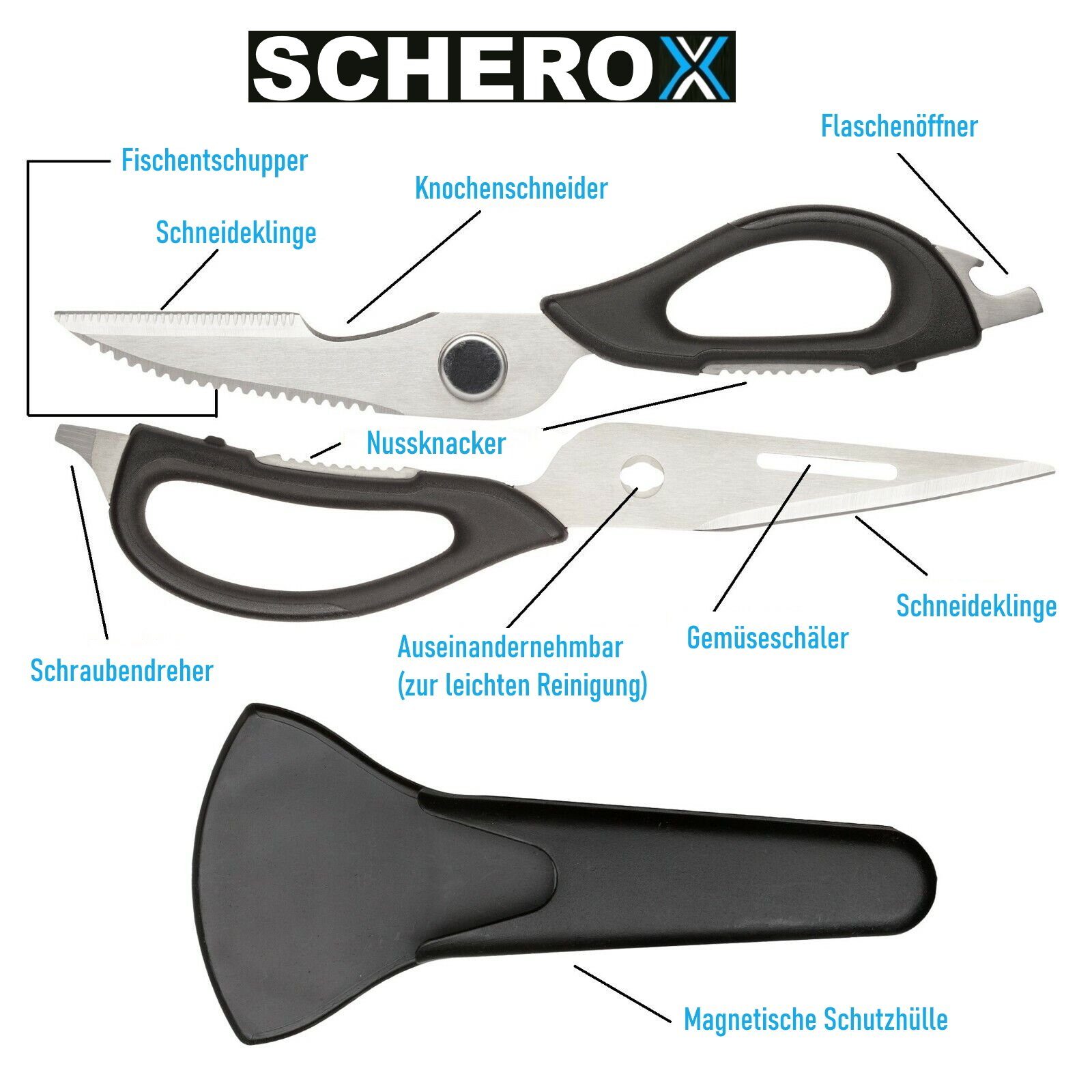 MAVURA Haushaltsschere SCHEROX Messer Küchenschere Flaschenöffner Multifunktionale Schneider Schere, Nussknacker Schraubenzieher Edelstahl