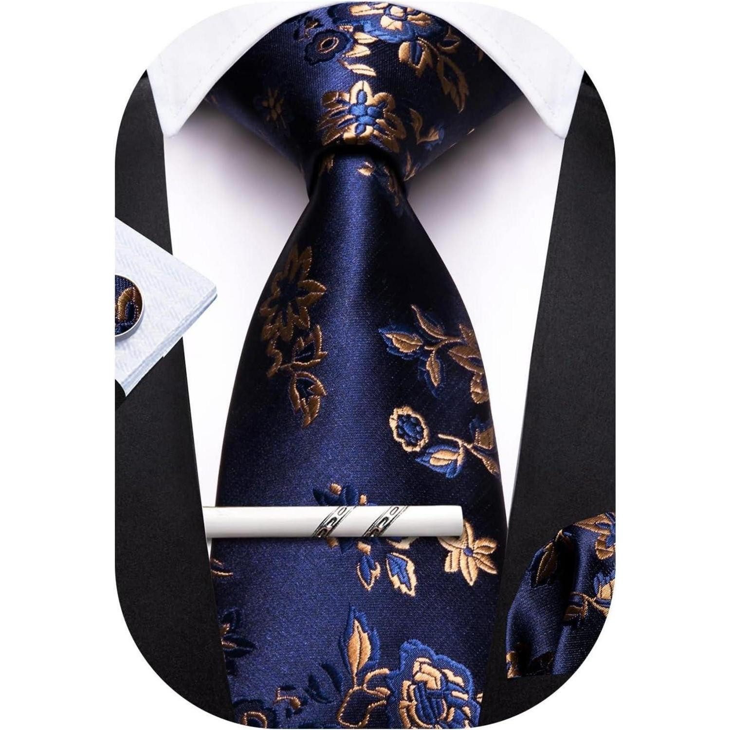 LuxusKollektion Krawatte Krawatten Seide Business Taschentuch Blaue und goldene Blume (1-St)