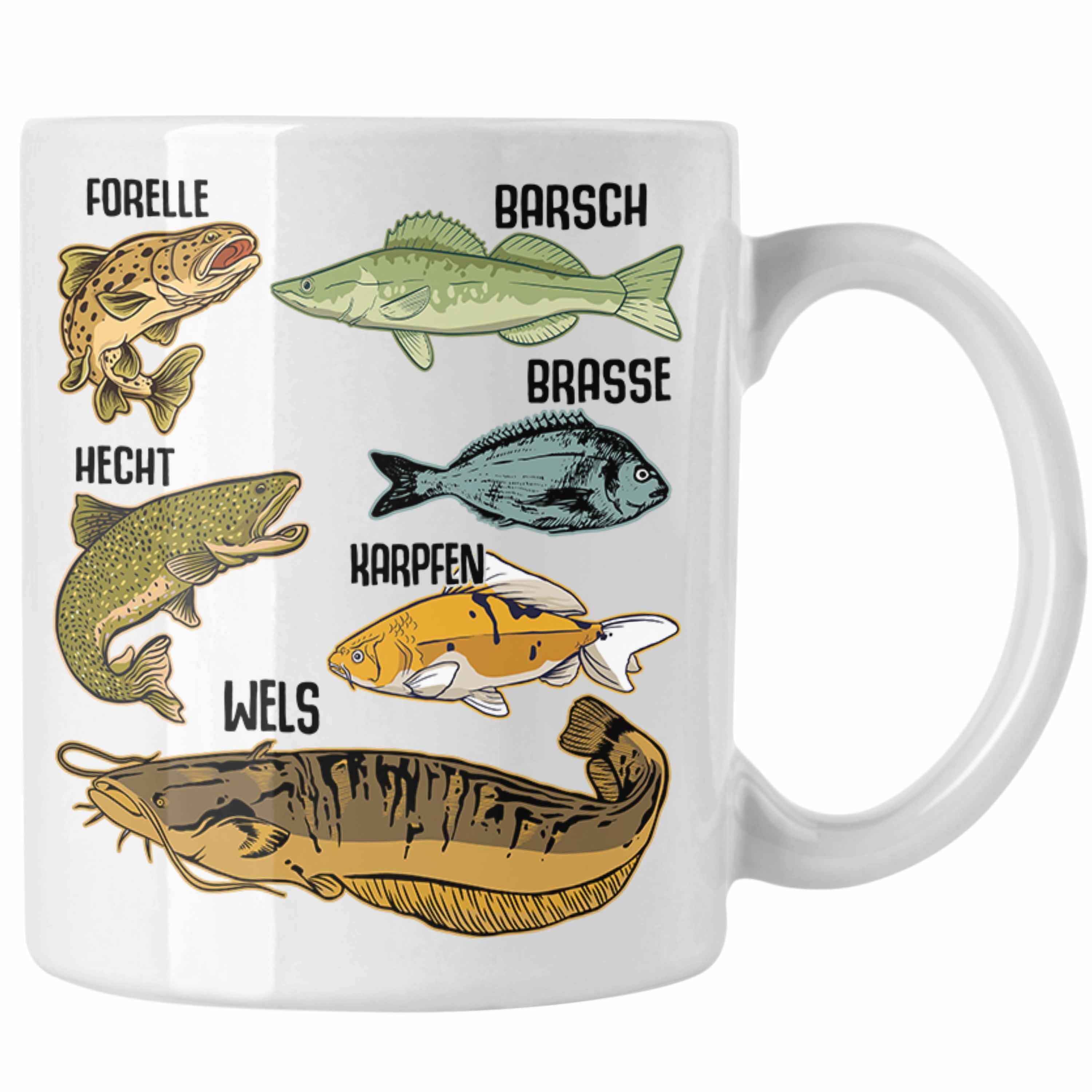 Trendation Tasse Trendation - Angler Fischer Tasse mit Fischarten Geschenk Raubfische Hobbyangler Hecht Forelle Barsch Angeln Kaffeetasse Weiss