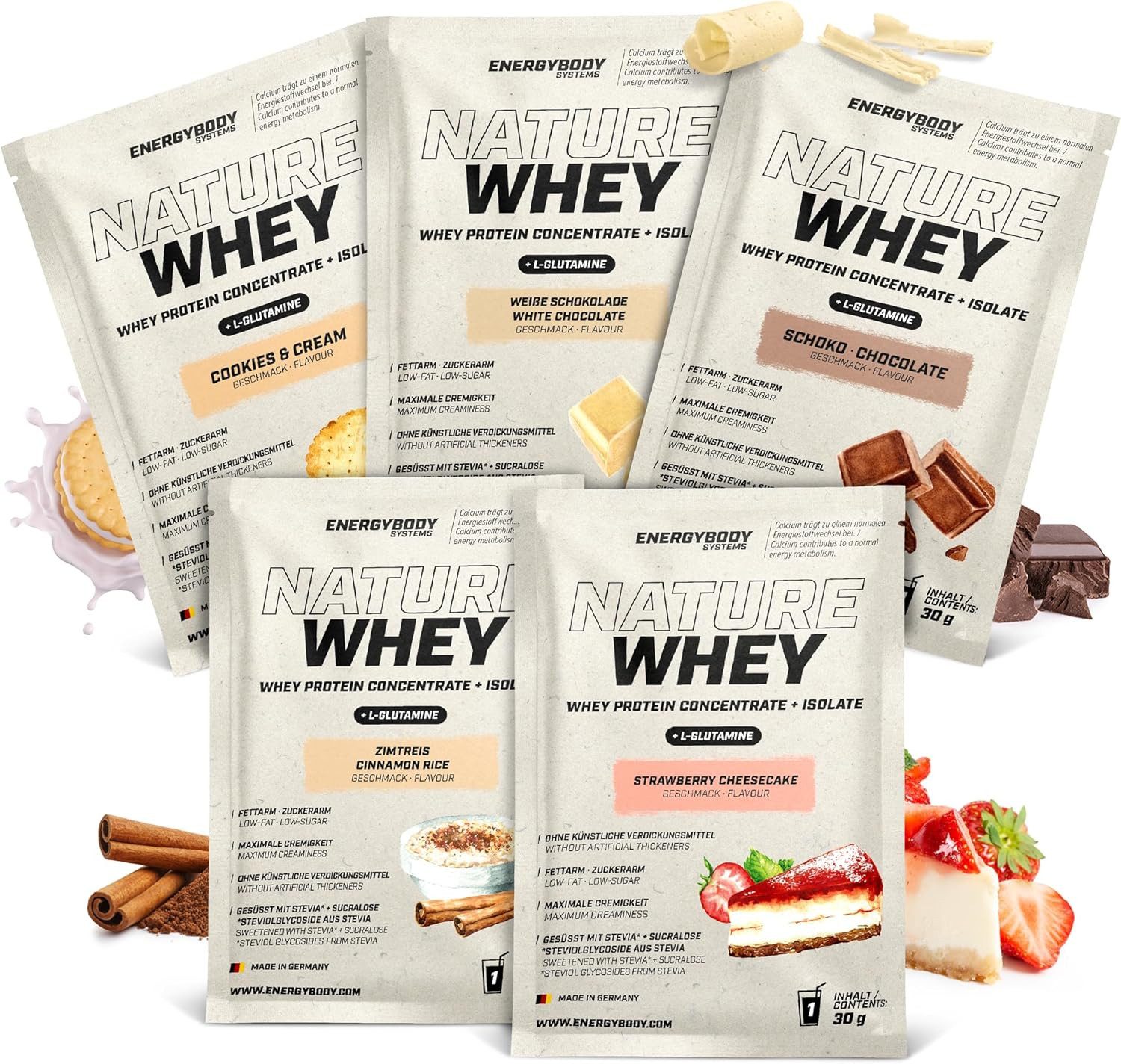 Energybody Systems Nature Whey Protein Probierpaket Portionsbeutel 5x30 g Pulver, 5 er, ohne künstliche Verdickungsmittel, ideal für unterwegs und zum Testen