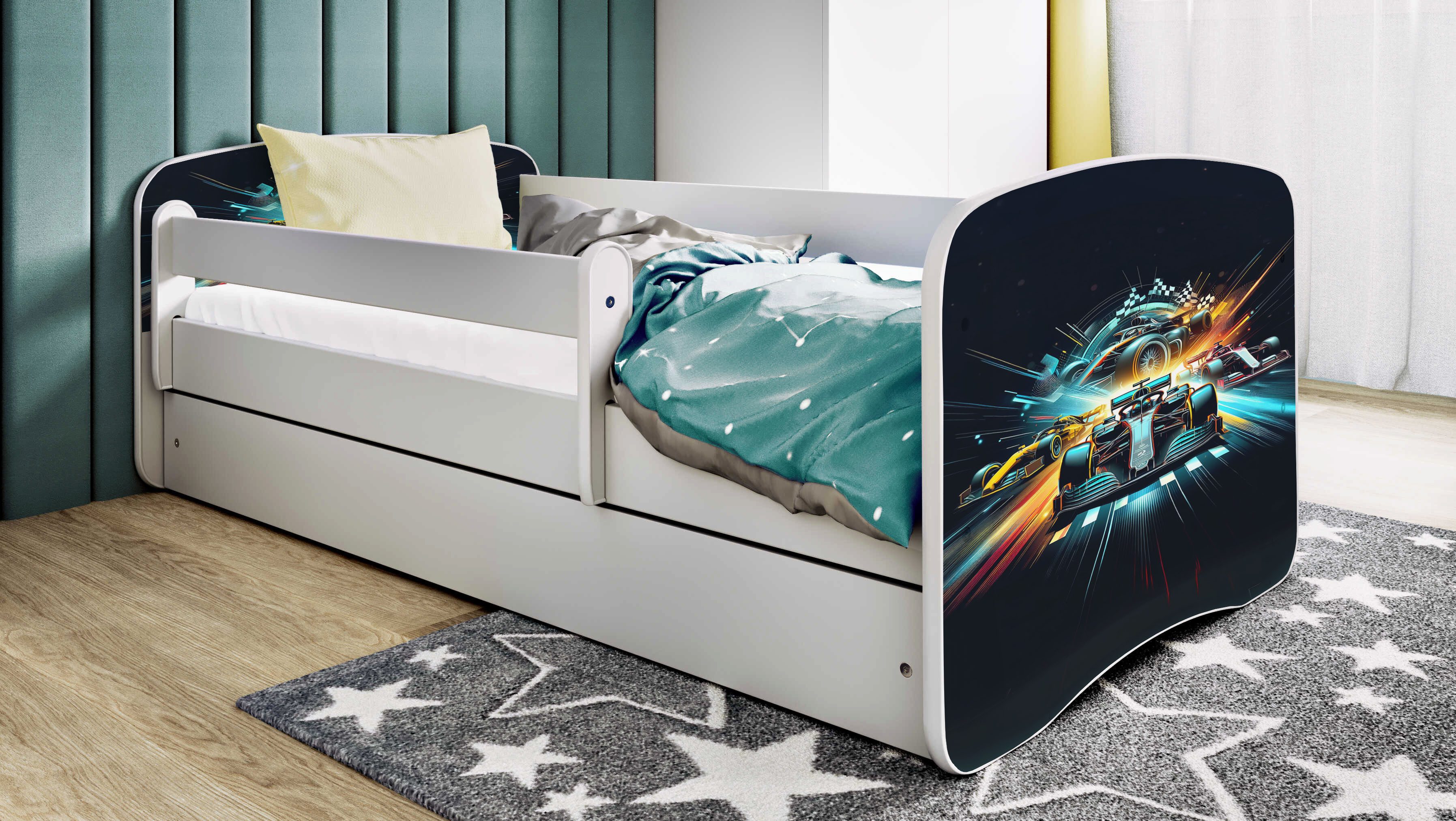 Raumhirsch Furniture Kinderbett 70x140, 80x160, 80x180 cm - Komplettset mit Matratze & Schublade (Bett für Jungs, Einzelbett für Kinder 2–12 Jahre mit Rausfallschutz), verschiedene Farben & Designs