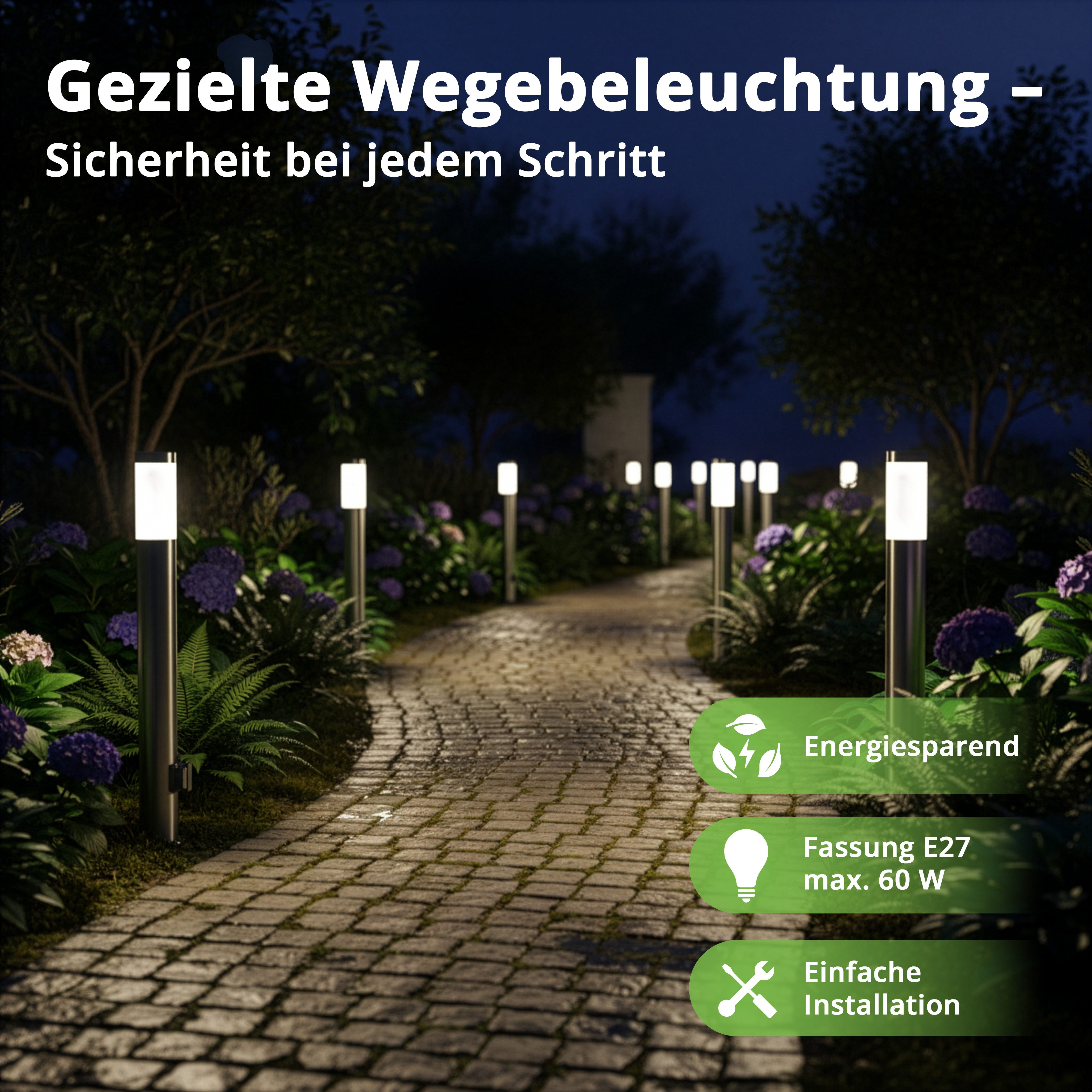 Grafner Sockelleuchten Wegleuchte mit 2 Außensteckdosen Edelstahl Gartenlampe 110cm, ohne Leuchtmittel