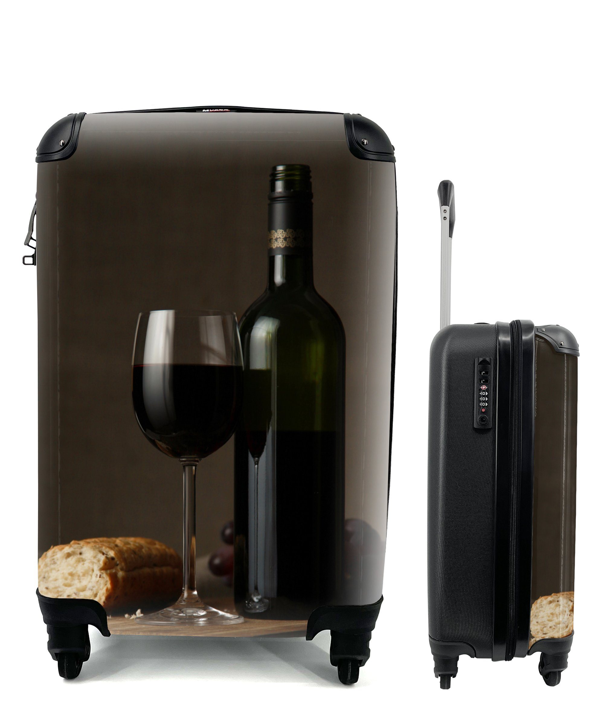 MuchoWow Handgepäckkoffer Rotwein und Brot auf einem Tisch, 4 Rollen, Reisetasche mit rollen, Handgepäck für Ferien, Trolley, Reisekoffer