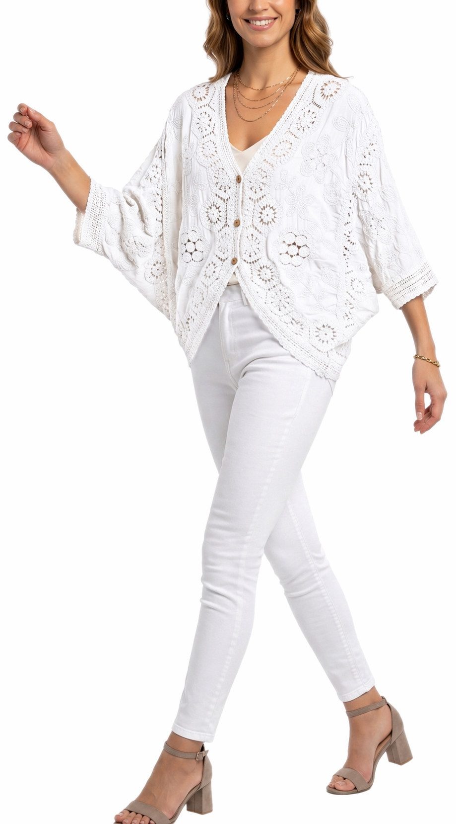dy_mode Cardigan Damen Häkel Cardigan Kurze Sommerjacke Häkeloberteil Sommerjacke in Unifarben, mit Fledermaus-Ärmeln