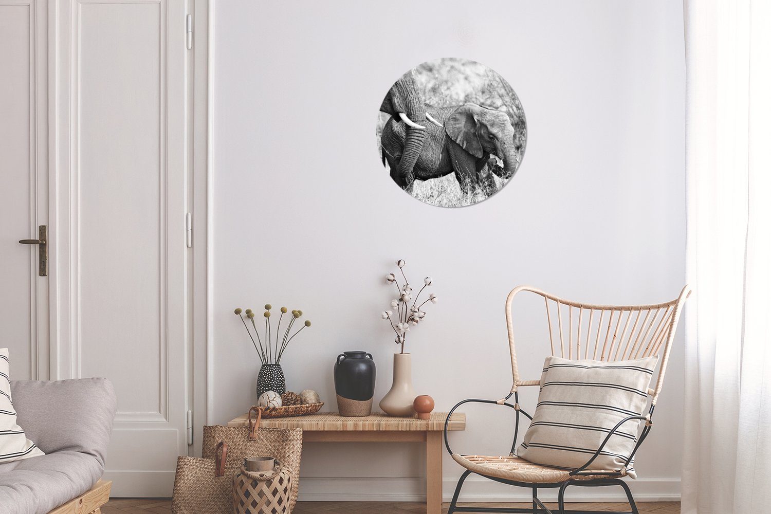 30x30 cm Gras weiß, Wohnzimmer, Rundes St), - Forex, Tiere MuchoWow - Wanddekoration - Wandbild, und Kreis Gemälde (1 Elefant Schwarz