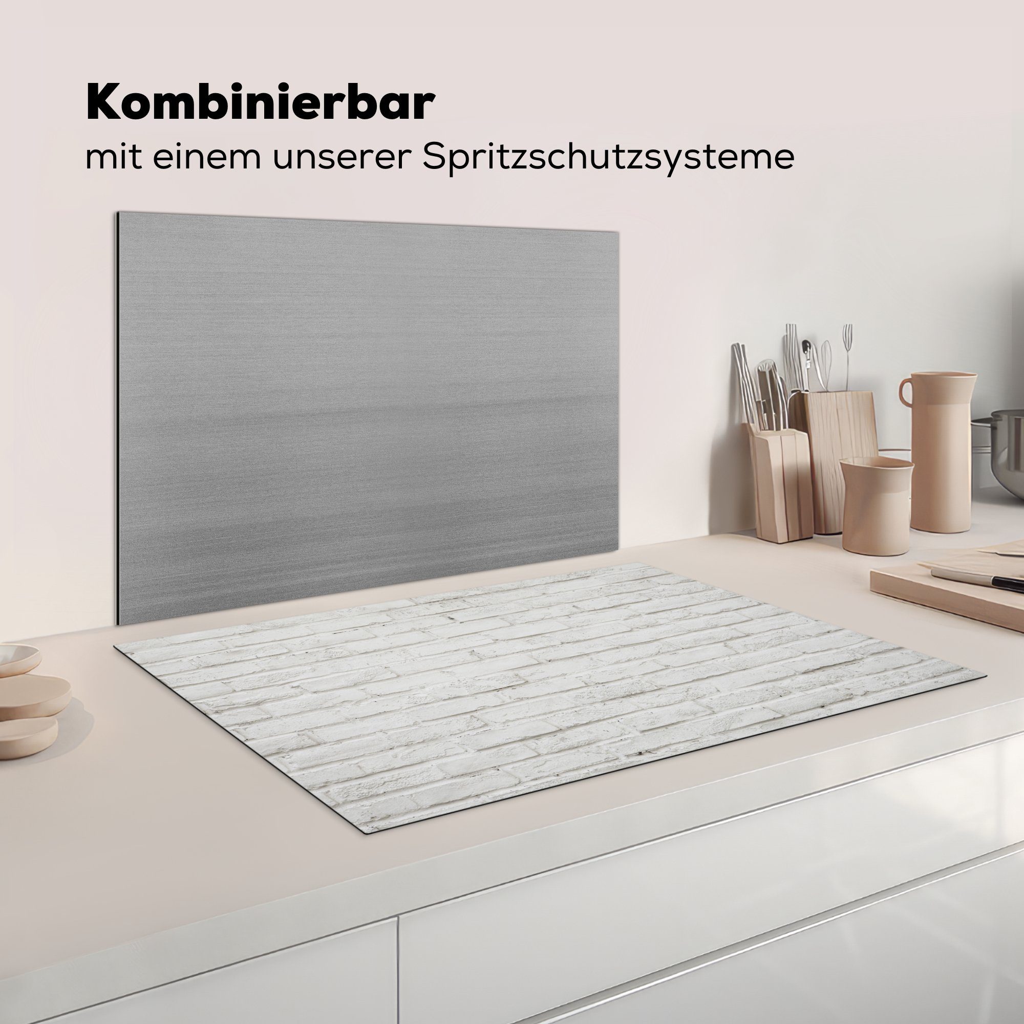 Herdblende-/Abdeckplatte küche, (1 cm, für die - 81x52 Weiß - Induktionskochfeld Wand MuchoWow Ceranfeldabdeckung Vinyl, Stein, tlg), Schutz