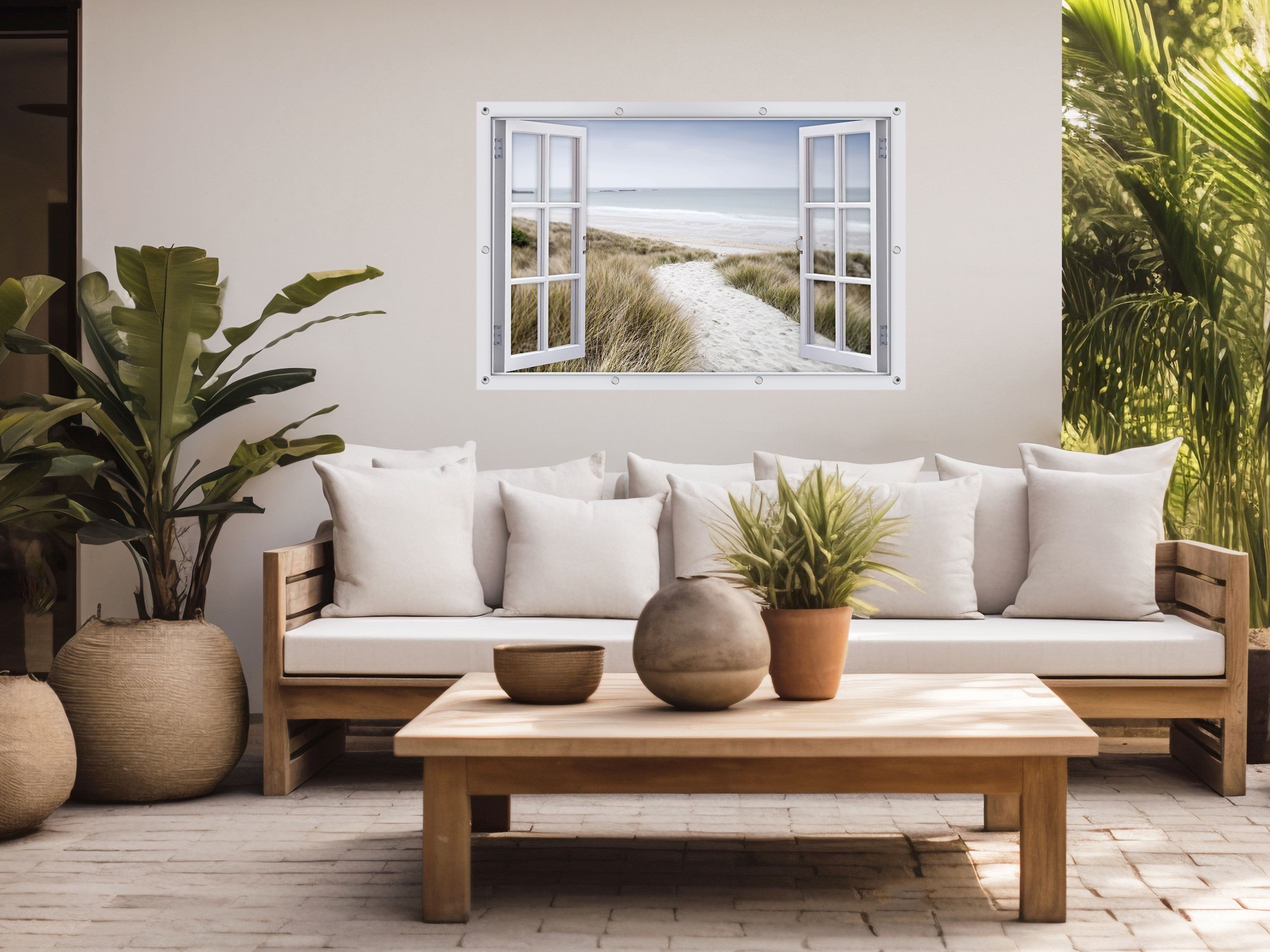 artissimo Poster XXL Garten-Poster 120x80cm Strand Fenster Outdoor-Deko, Outdoor-Poster: Fenster-Blick auf den Strand