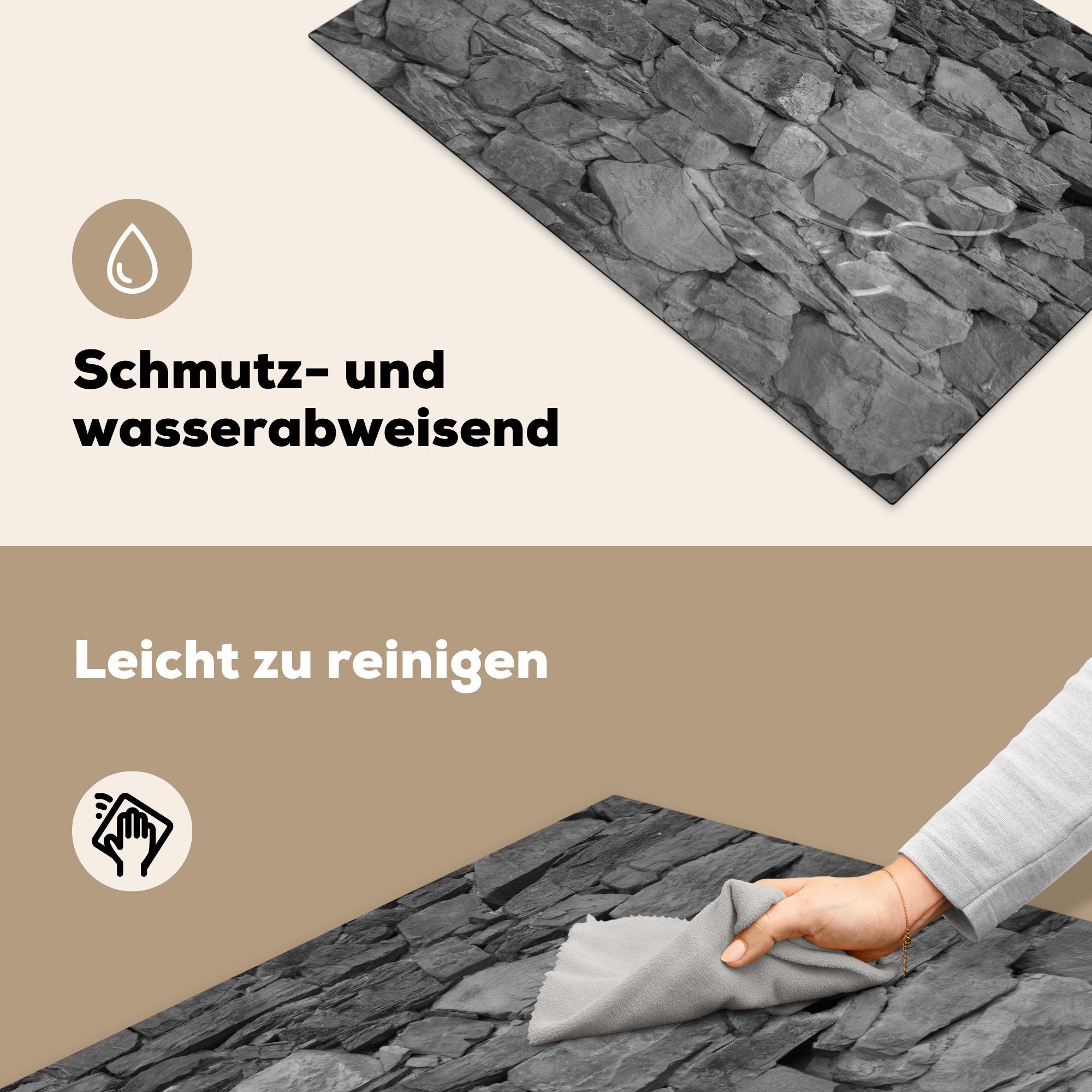 für tlg), - MuchoWow - - Muster Vinyl, Stein küche, Ceranfeldabdeckung Herdblende-/Abdeckplatte Schutz 81x52 Wand Induktionskochfeld (1 cm, Weiß, - die Schwarz