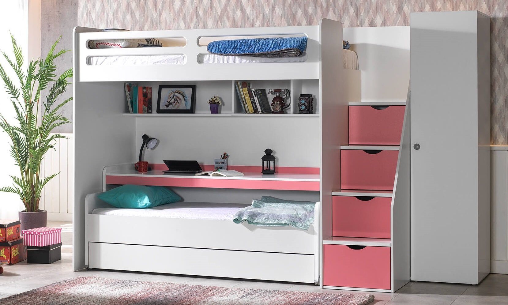 Hochbett Hochbett Möbel-Zeit mit / Kinderbett rosa Treppe "Smart"