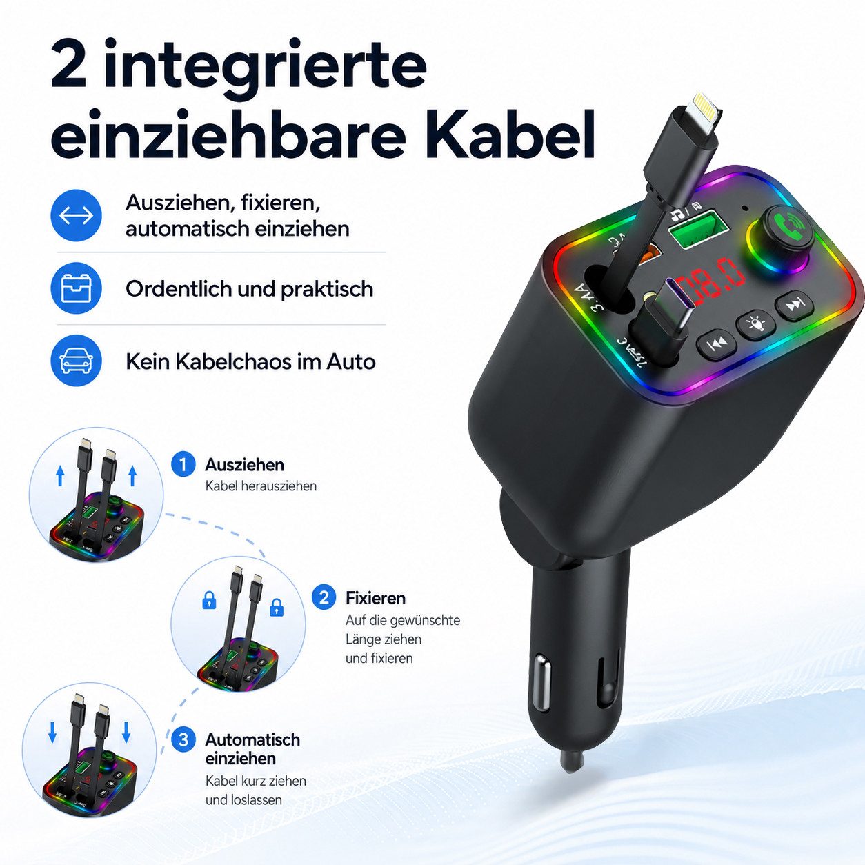 OYLCDI Bluetooth-FM-Transmitter für Auto,PD3.0/PP/PPSQC4.0+AFC Schnelllade KFZ-Transmitter Bluetooth FM Transmitter Auto zu mit Dual einziehbaren Kabeln, RGB Ambientebeleuchtung, PD Schnellladen, LED Digitalanzeige, Freisprecheinrichtung,U-Disk & Musik-Streaming