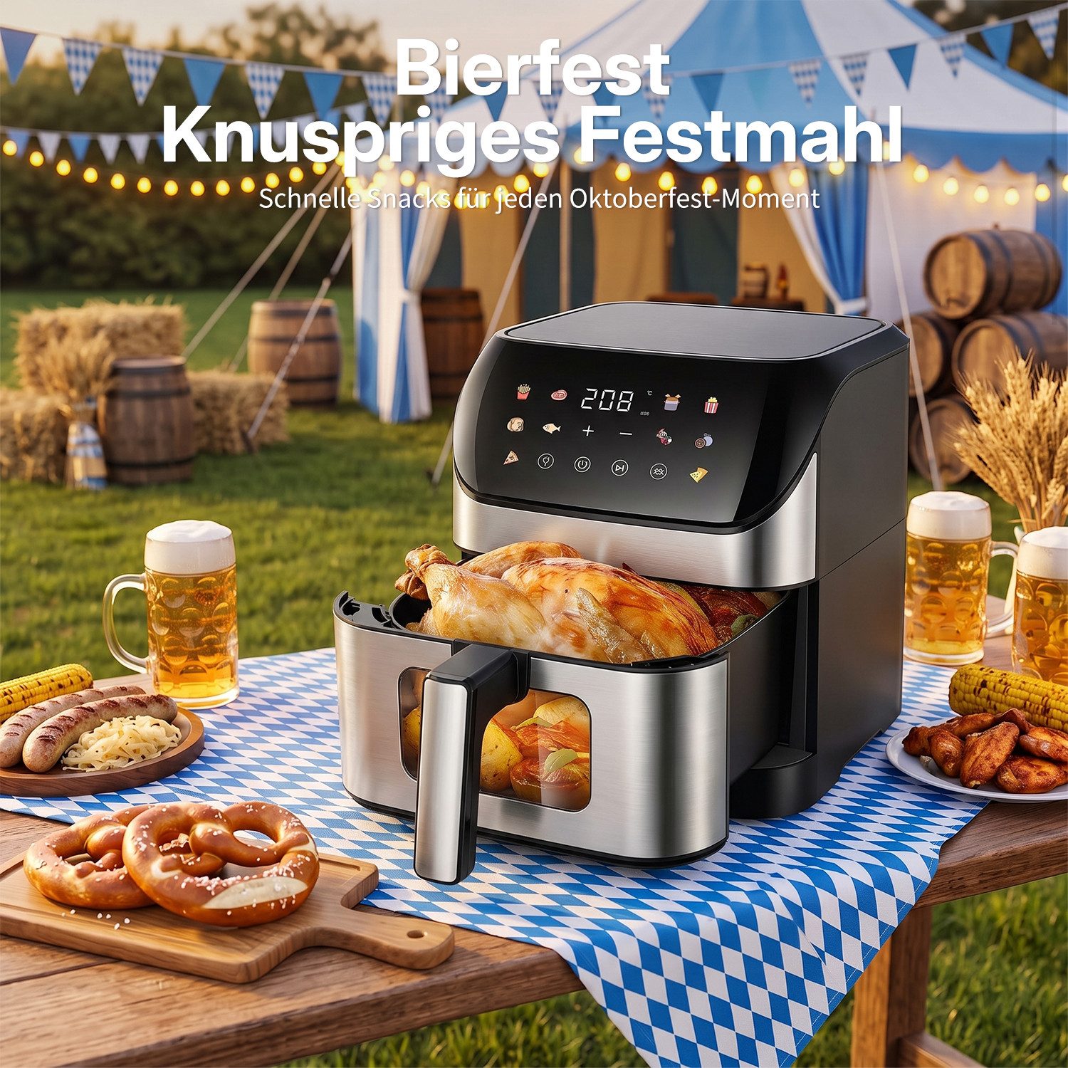 oyajia Heißluftfritteuse Heißluftfritteuse XXL 8L mit Sichtfenster, Friteuse ohne Öl 80°C-200°C, 1800 W, Airfryer mit 10 Programmen, Beleuchtung, Timer und Touc – Bild 3 von 5