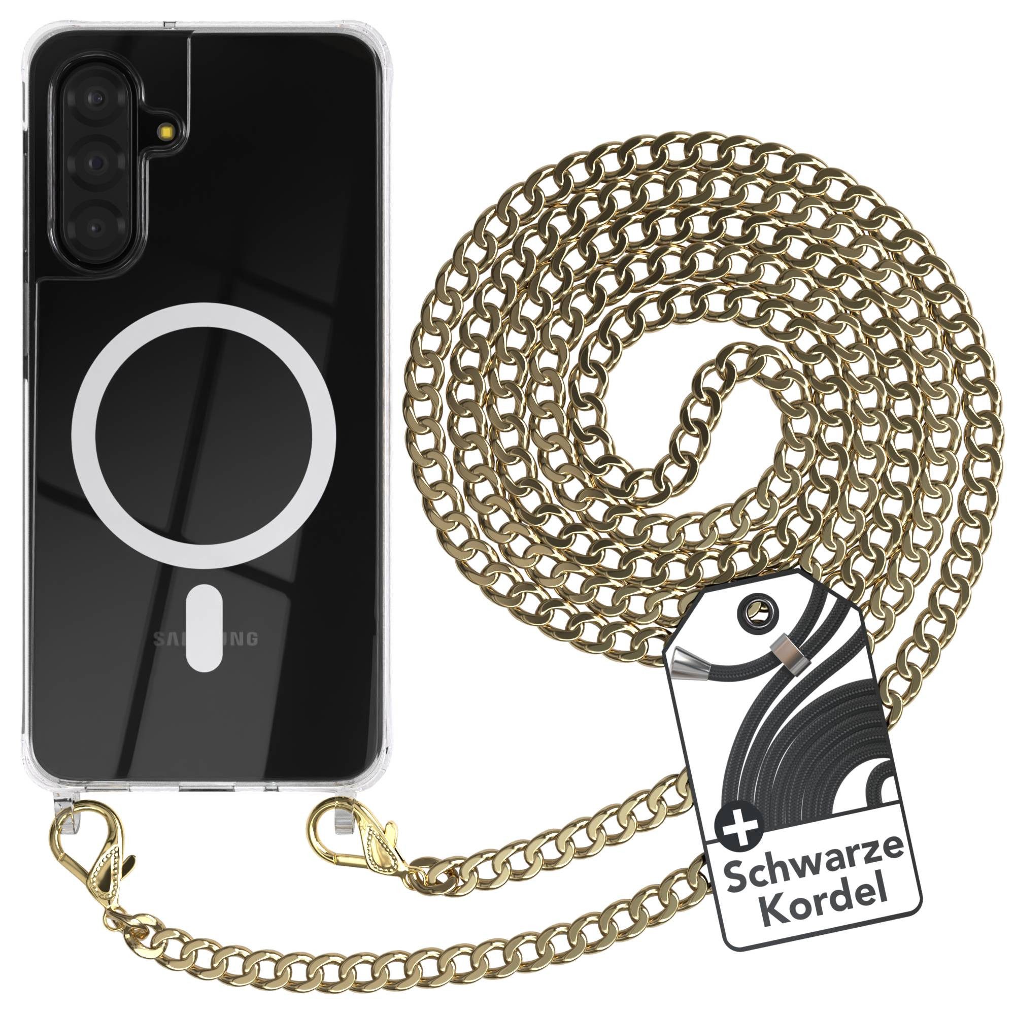 EAZY CASE Handykette Metall mit MagSafe Hülle für Samsung Galaxy A17 6,7 Zoll, Handyhülle Transparent Smartphonekette für Unterwegs Necklace in Gold