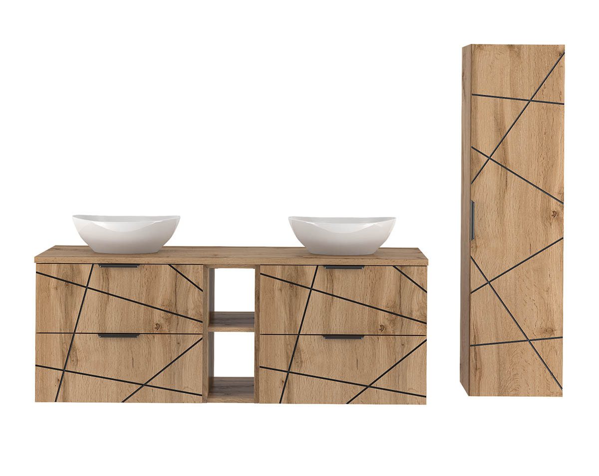 einfachgutemoebel Waschtisch-Set Badset 2-tlg. Doppelwaschtisch 140cm STRIATA, Wotan Aufsatzbecken, (Badmöbel Set, 1-St., Waschtisch Unterschrank)
