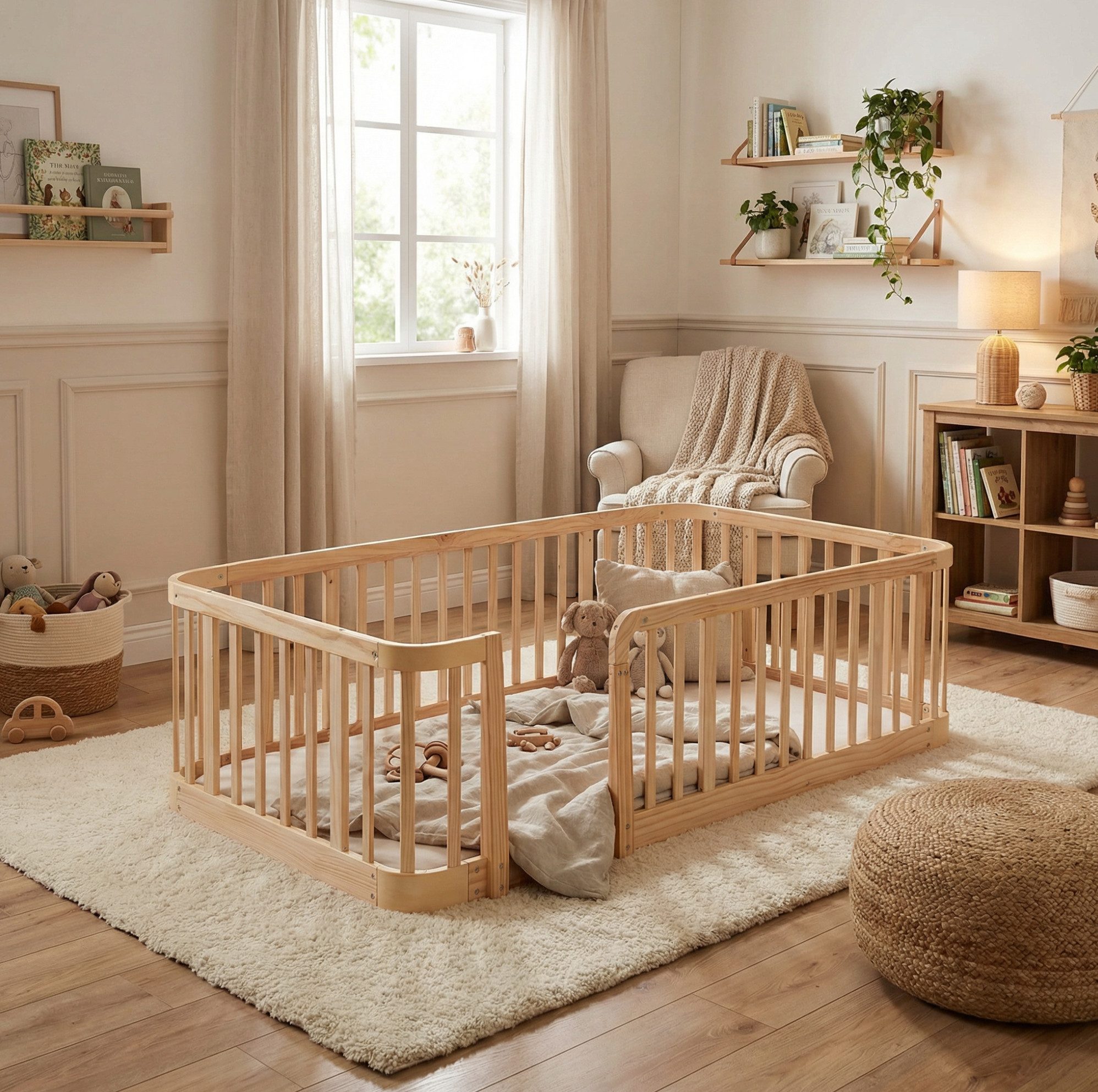 REDOM Kinderbett 90×200cm Baby Absperrgitter Naturholz für sichere Spielumgebung (Packung, 1-tlg., Runde Kanten Kinderschutzgitter ohne Matratze vielseitig nutzbar), Modulares Laufgitter mit 7cm Abstand für Kinder im Innenraum