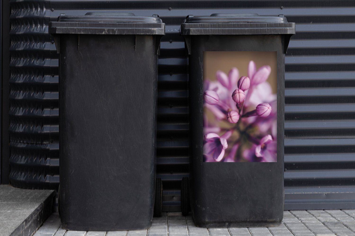 Container, Sticker, St), MuchoWow Mülltonne, Nahaufnahme Mülleimer-aufkleber, Flieders Abfalbehälter eines Wandsticker (1 lila/rosa