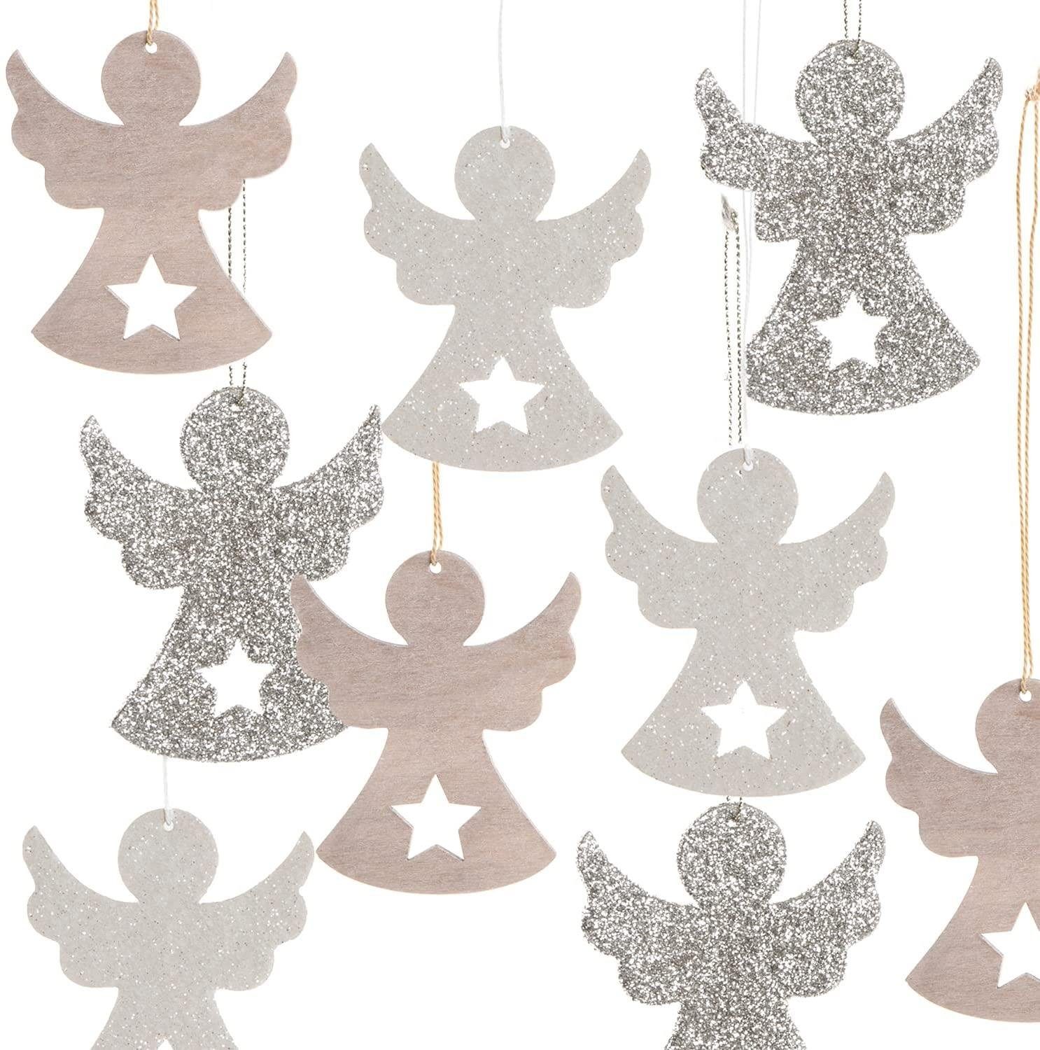 Logbuch-Verlag Baumbehang glitzernde Engel Anhänger aus Holz mit Glitzer (9 St), in 3 Farben mit Sternen und Schnur zum Aufhängen