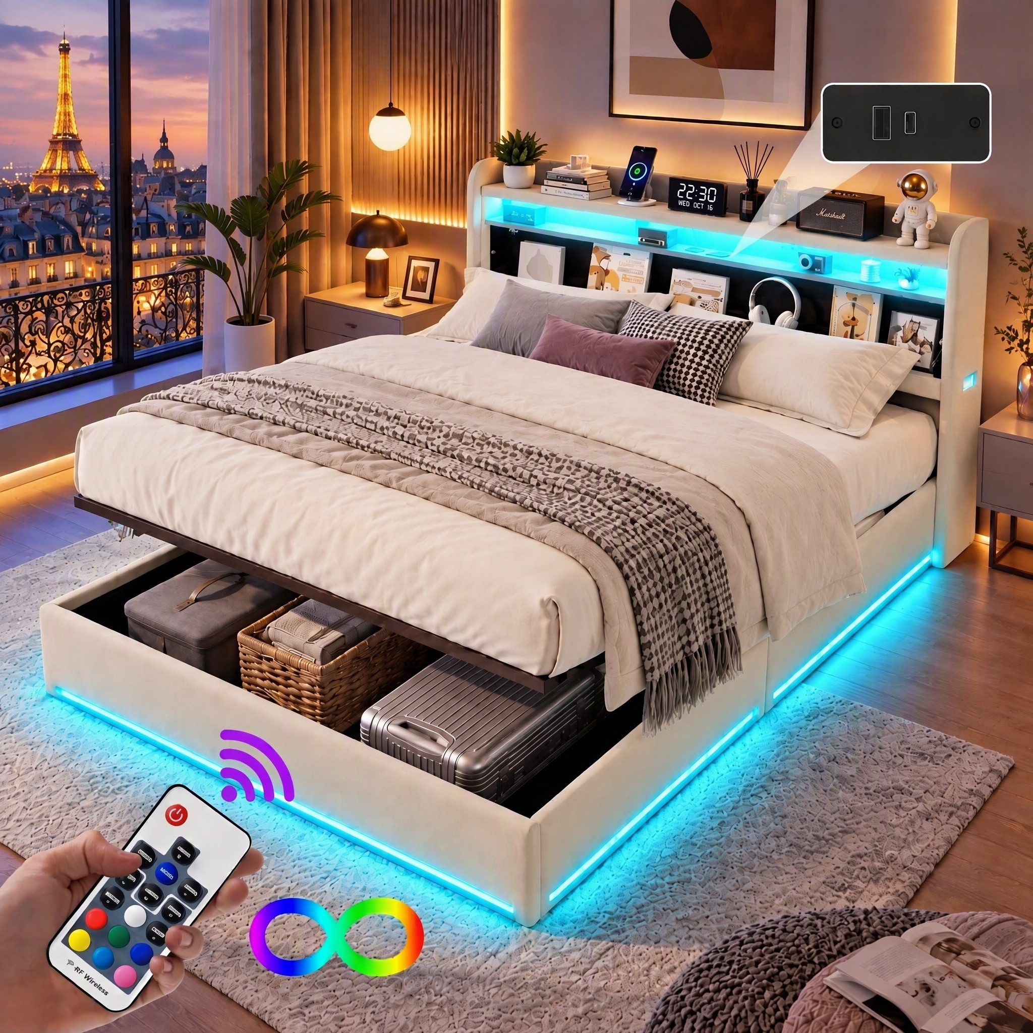 Gdood Polsterbett Stauraumbett Doppelbett LED (Type-C + USB, Hydraulisch hebbarer Stauraum), Mit Bettkasten, LED-Beleuchtung, USB-Anschluss, 140x200 cm