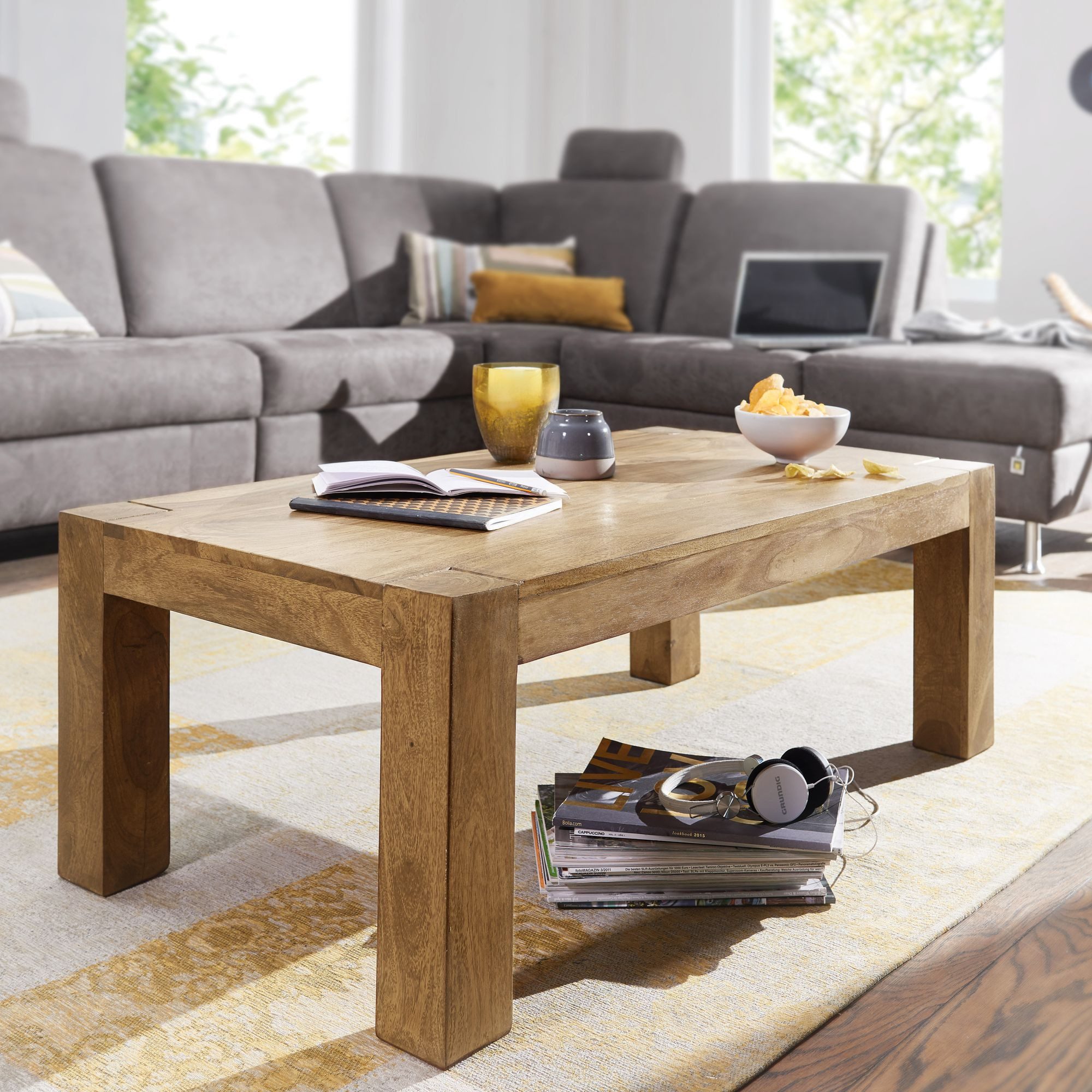 FINEBUY Couchtisch Couchtisch Massivholz 110cm · Rechteckiger Landhaus Wohn günstig online kaufen