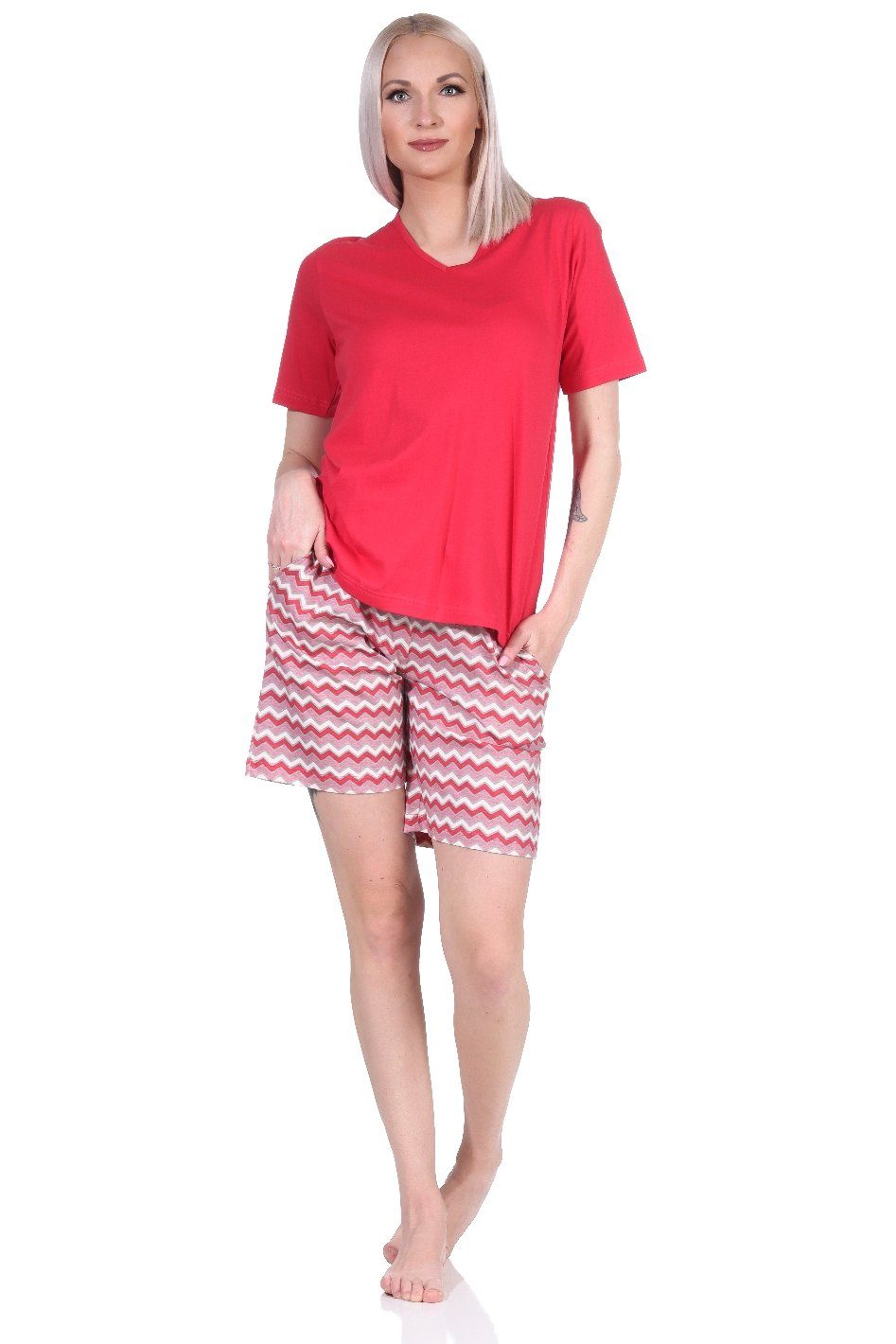 Normann Pyjama Damen Shorty Pyjama in rot kurz strahlenden Farben mit gemusterten Shorts