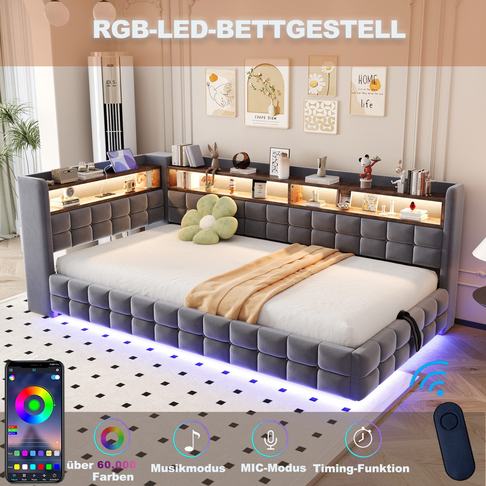 Merax Daybett mit LED-Beleuchtung und USB-Ladeanschlüssen (Jugendbett Kinderbett Einzelbett Sofabett aus Samtstoff, 1 tlg), Polsterbett Tagesbett 90x200cm mit h – Bild 4 von 5