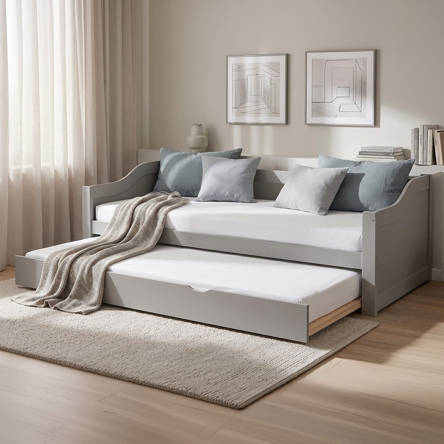 Homestyle4u Ausziehbett 90x200 Holz Gästebett mit Ausziehfunktion 2 Liegeflächen Doppelbett (Komplett-Set mit 2x Lattenrost), 2x 90x200, 2 Personen/Kinder, Stauraumbett, ausziehbar