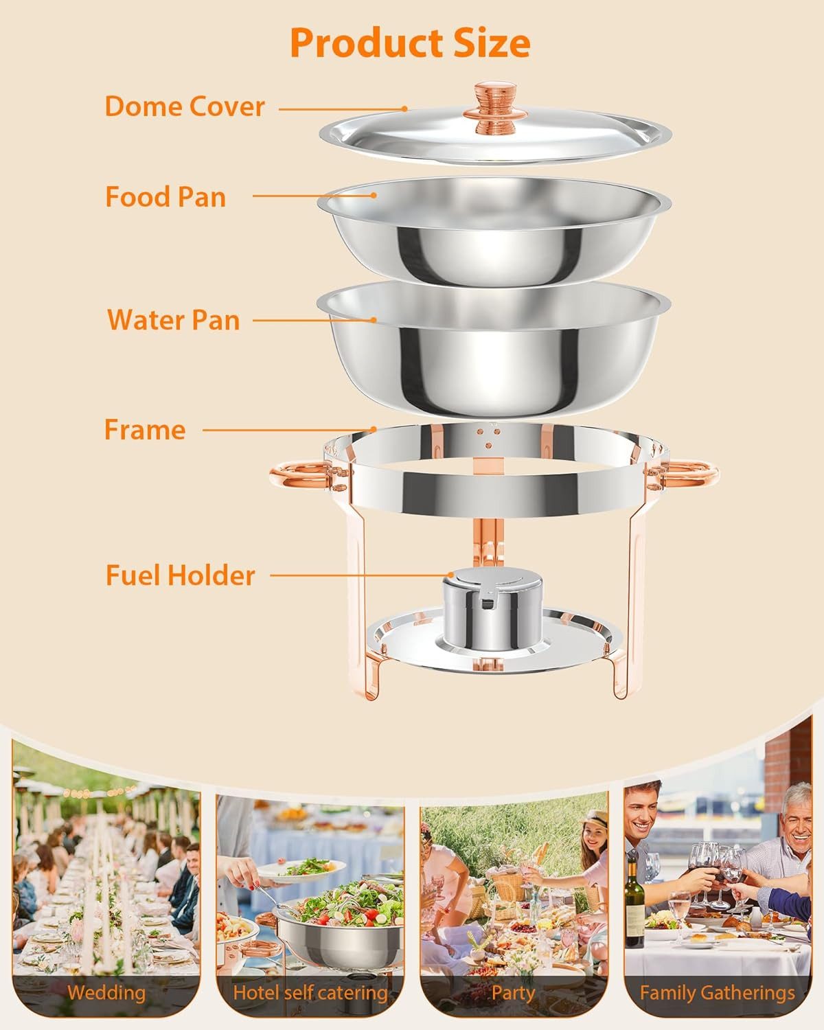 GarveeMore Speisenwärmer 5L runde Edelstahl-Chafing-Dishes und Warmhaltebehälter, (6-tlg), Speisenwärmer Roségold mit Glasdeckel für Catering,Partys,Abendessen – Bild 3 von 5