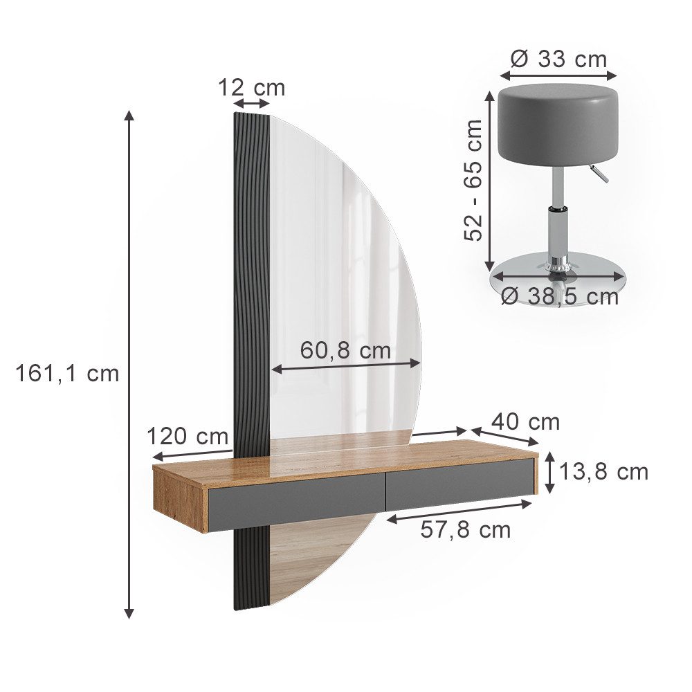 Vicco Schminktisch Melisa, Eiche/Grau, 120 cm mit Beleuchtung und Hocker günstig online kaufen