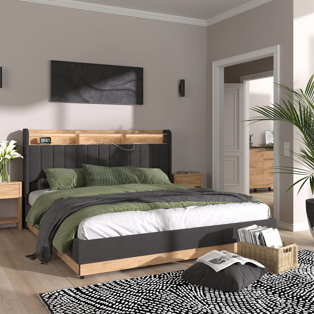 VitaliSpa® Polsterbett Nura, Anthrazit/Eiche, 180x200 cm mit 4 Schubladen (1-tlg)