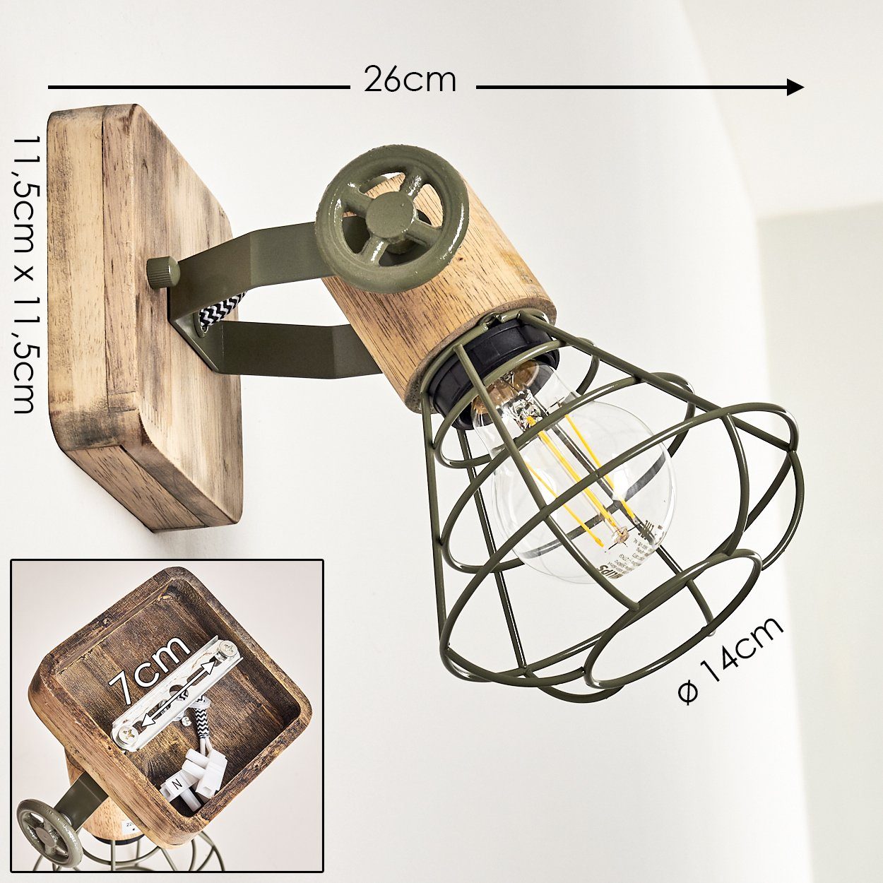 zu als Spot, ohne verstellbare auch Strahler, Grün/Braun, in Deckenlampe Wandleuchte Metall/Holz Leuchtmittel, »Raju« verwenden aus hofstein E27,