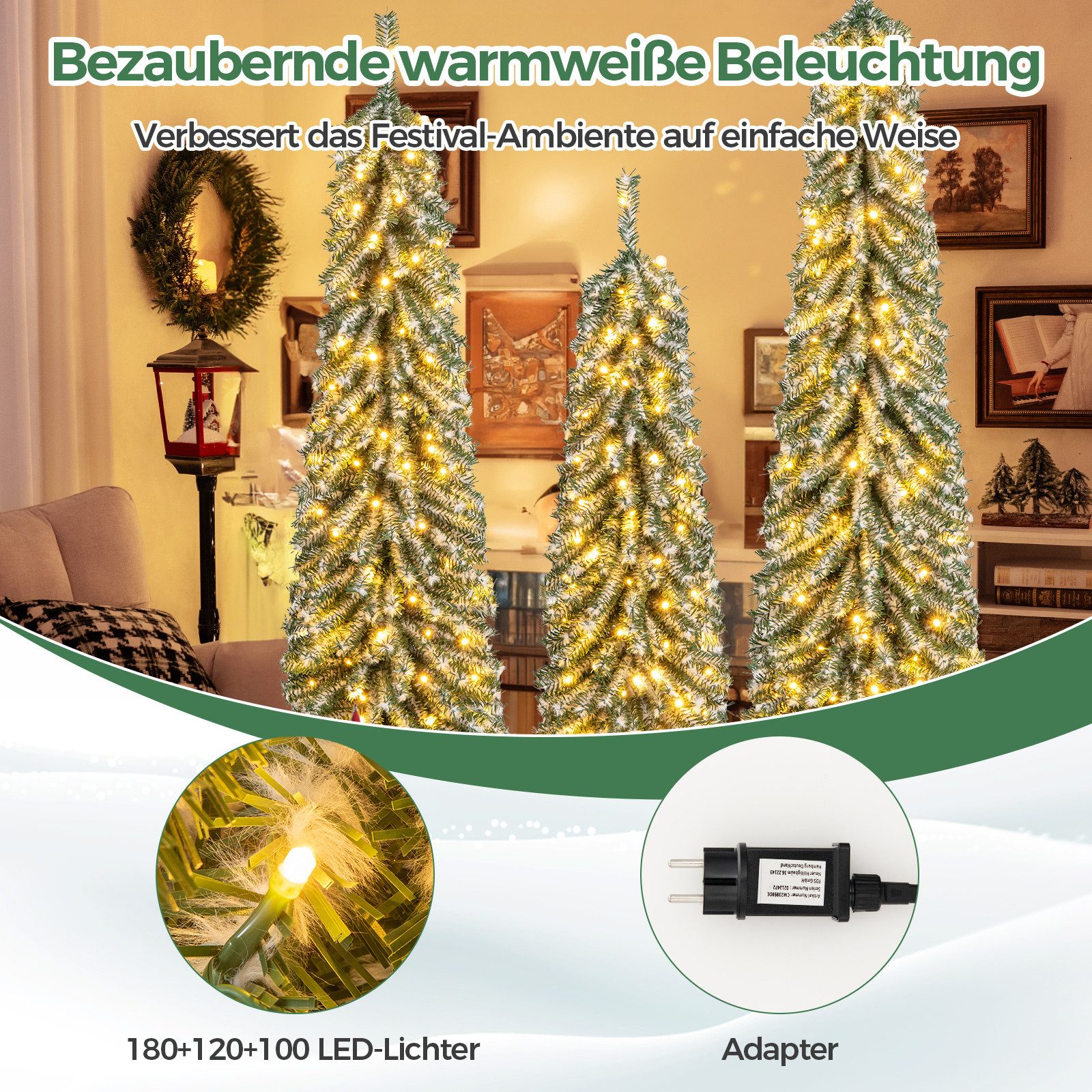 COSTWAY Künstlicher Weihnachtsbaum, Bleistift, 3er Set 120+150+180cm mit LEDs