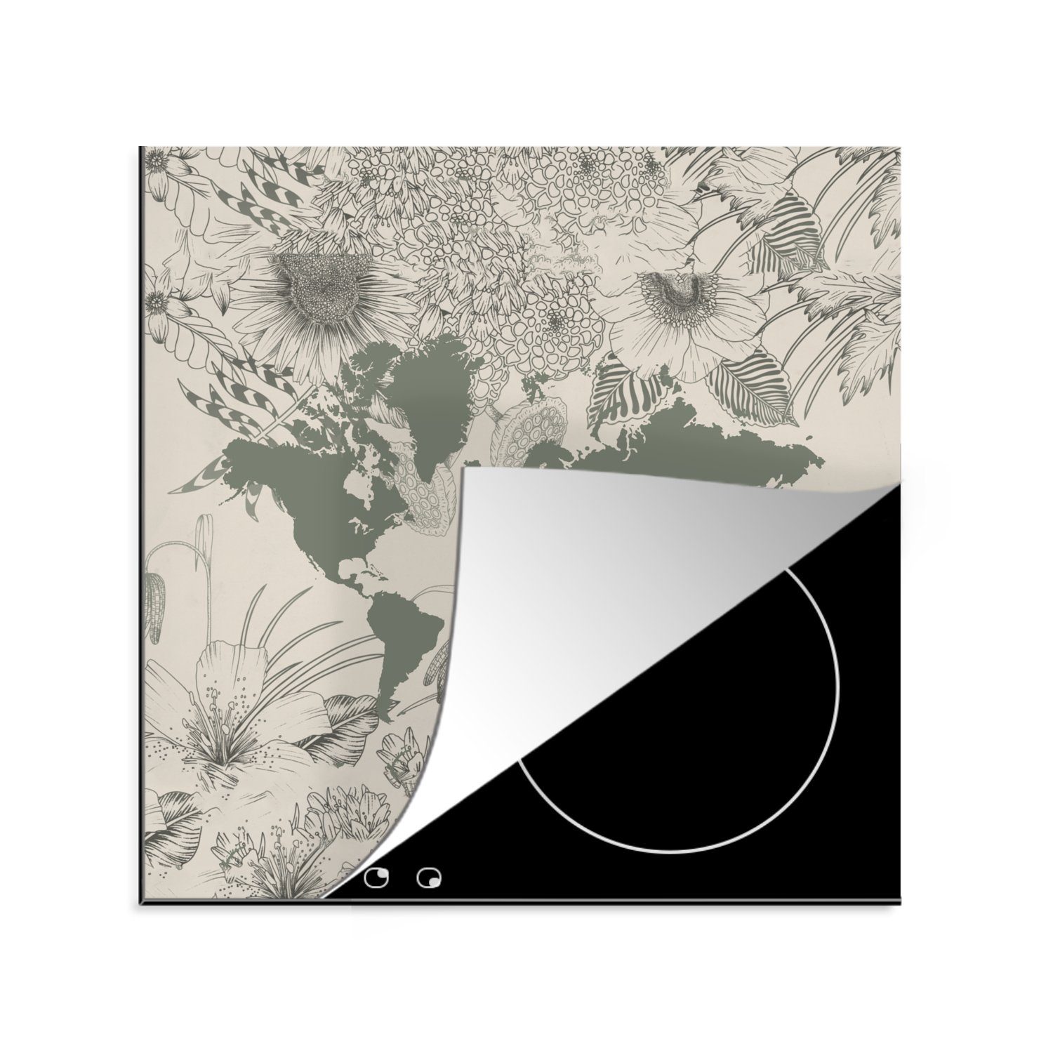 MuchoWow Herdblende-/Abdeckplatte Weltkarte - Grau - Pflanzen, Vinyl, (1 tlg), 78x78 cm, Ceranfeldabdeckung, Arbeitsplatte für küche