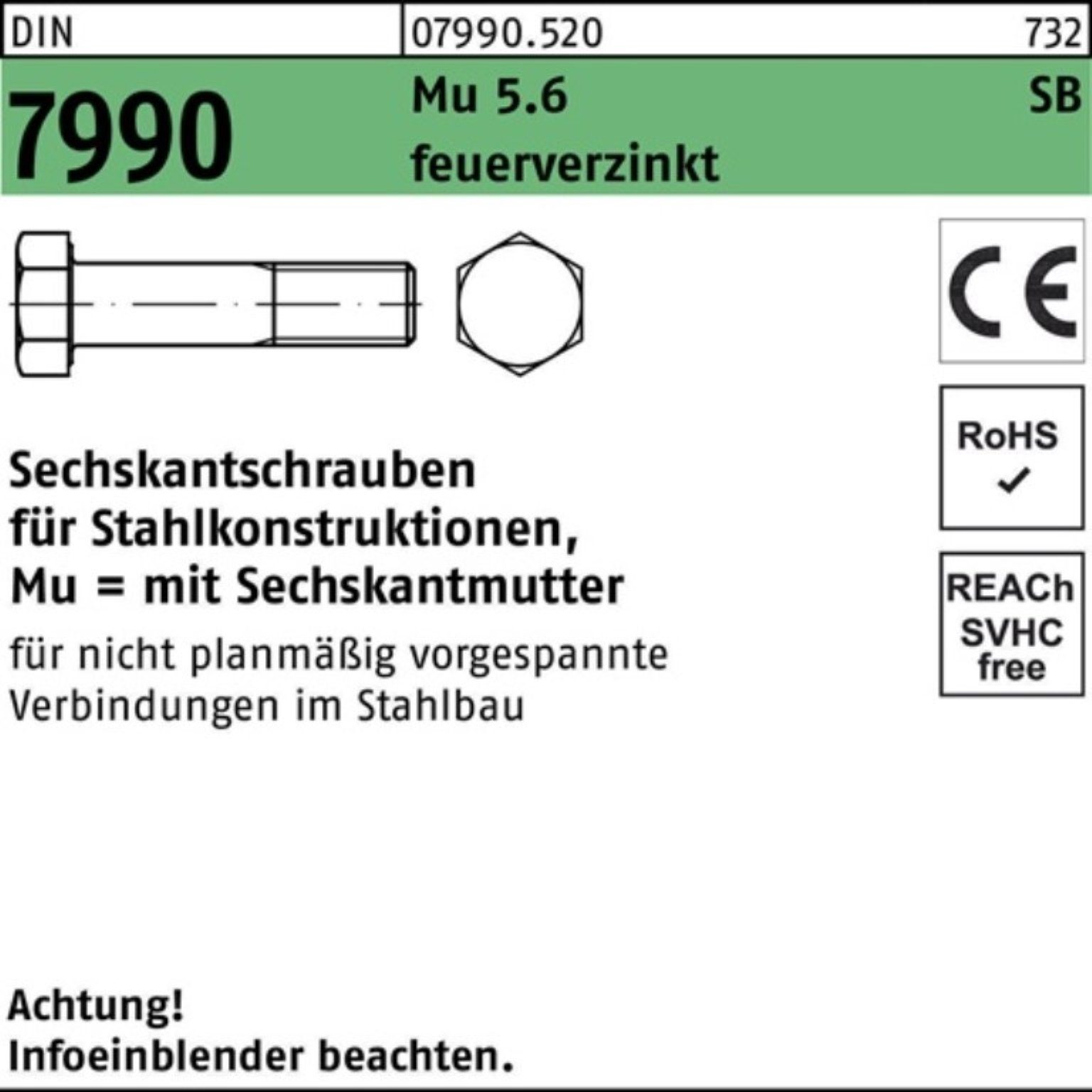 Sechskantmutter DIN Pack Reyher 100er Sechskantschraube CE M16x80 7990 fe Sechskantmutter 5.6