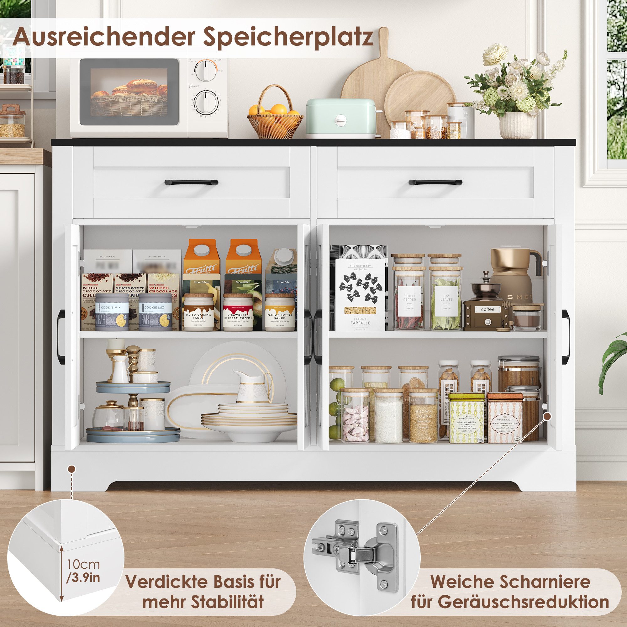 HOMECHO Buffet 120cm Küchenschrank mit 2 Schubladen 4 Türen
