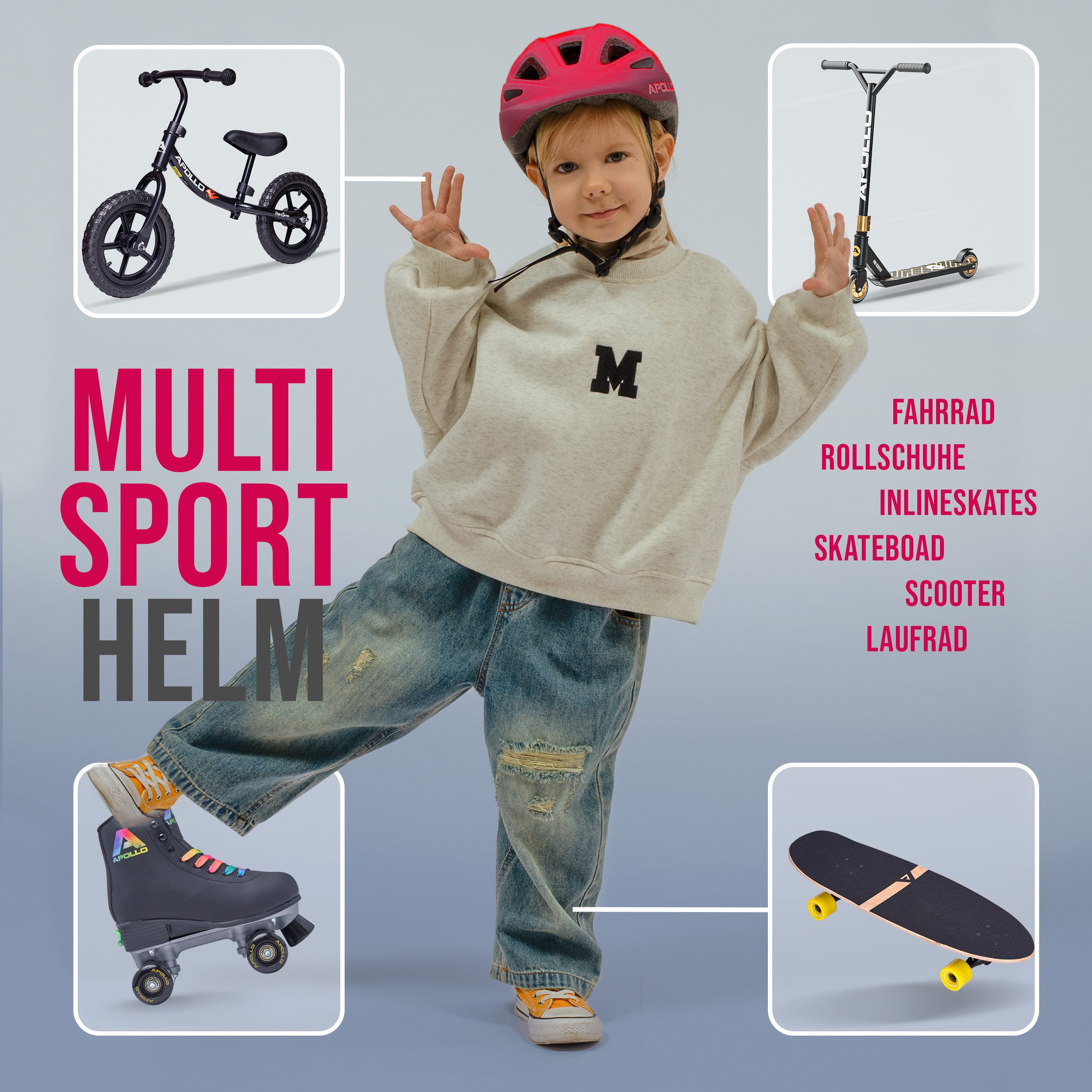 Apollo Inlineskates Fahrradhelm, Kinder & Jugendliche, Multisport-Helm, verstellbar, ab 3 Jahren