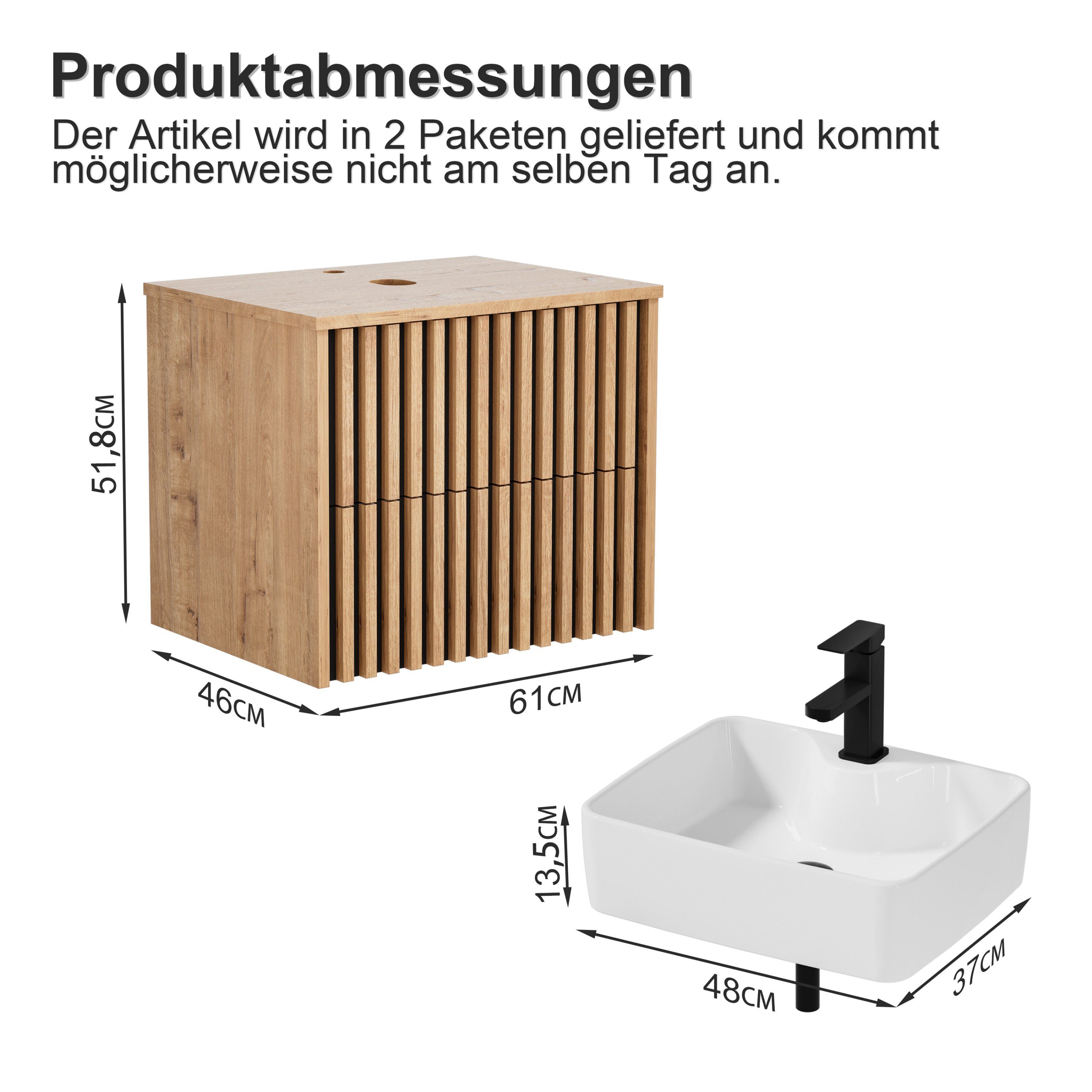 UEV Waschtisch mit Unterschrank hängend Keramik Waschbecken (Packung, Komplett-Set Badmöbel, Badezimmmer Schrank), Waschbeckenunterschrank mit Wasserhahn und Po – Bild 5 von 5