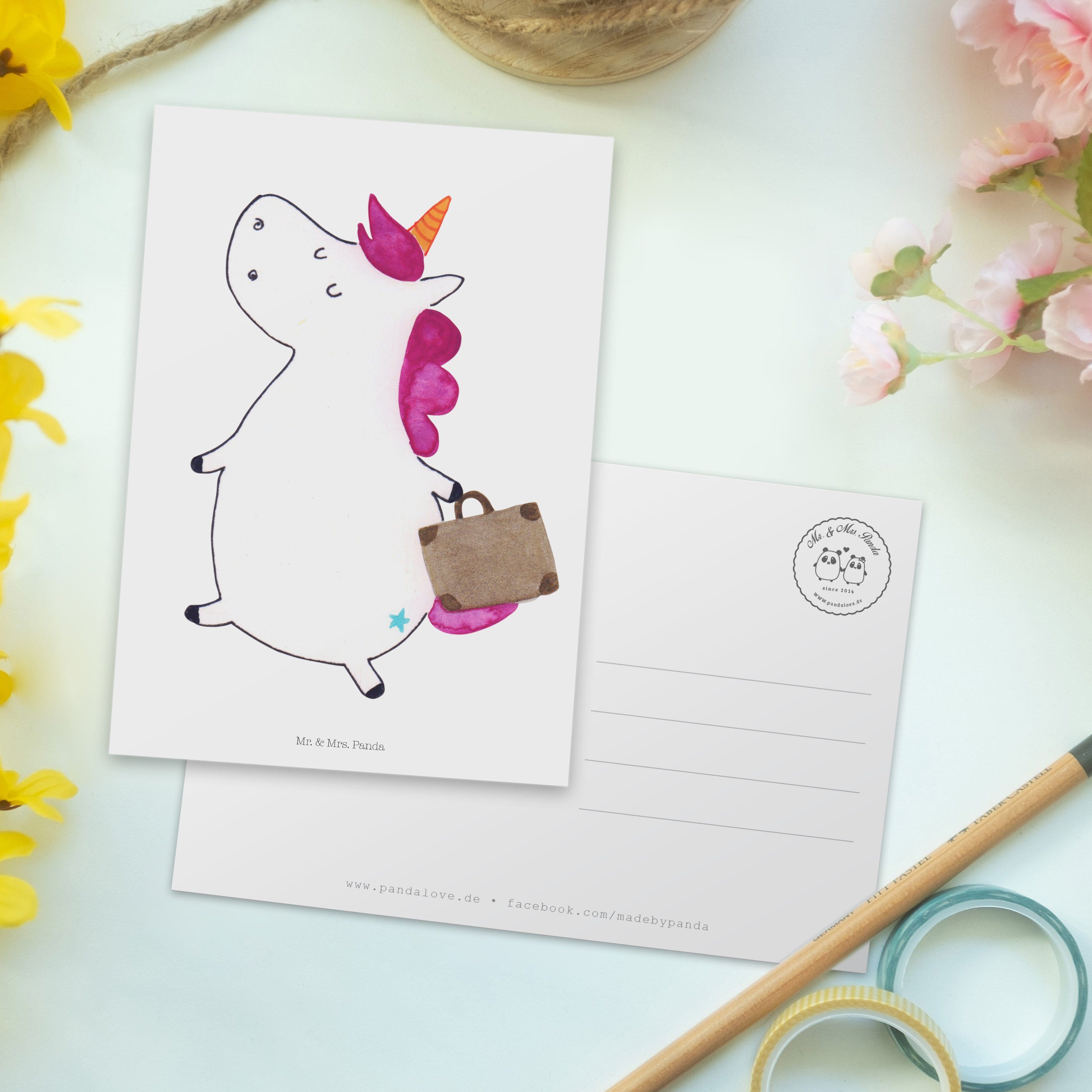 Mr. & Mrs. Panda Postkarte Koffer - - Erwachsen, Unicorn Pegasus, Einhorn Weiß lustig, Geschenk