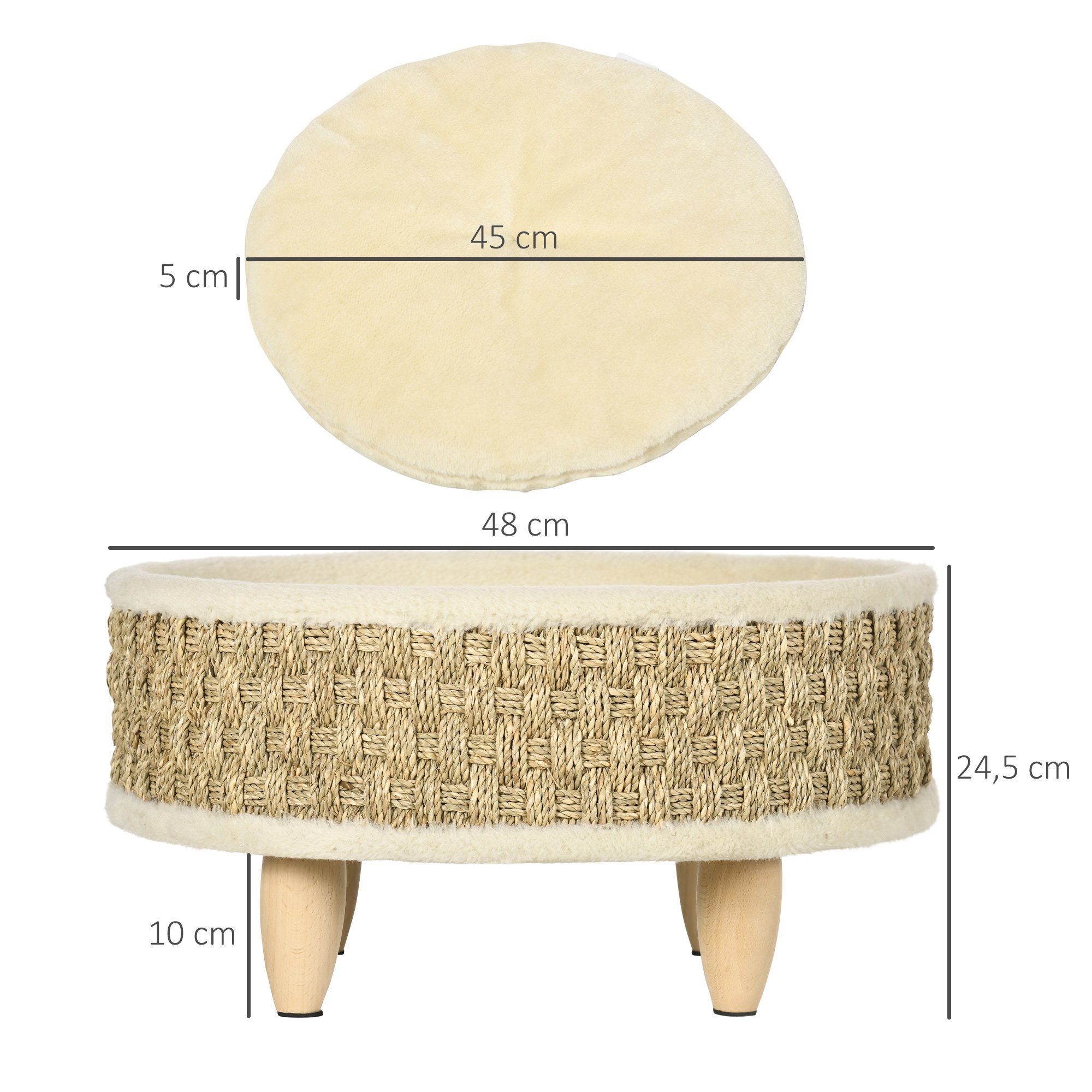 PawHut Tierbett Luxus Haustierbett mit waschbarem Kissen, Plüsch, Beige+Khaki, Ø48 x 24,5 cm