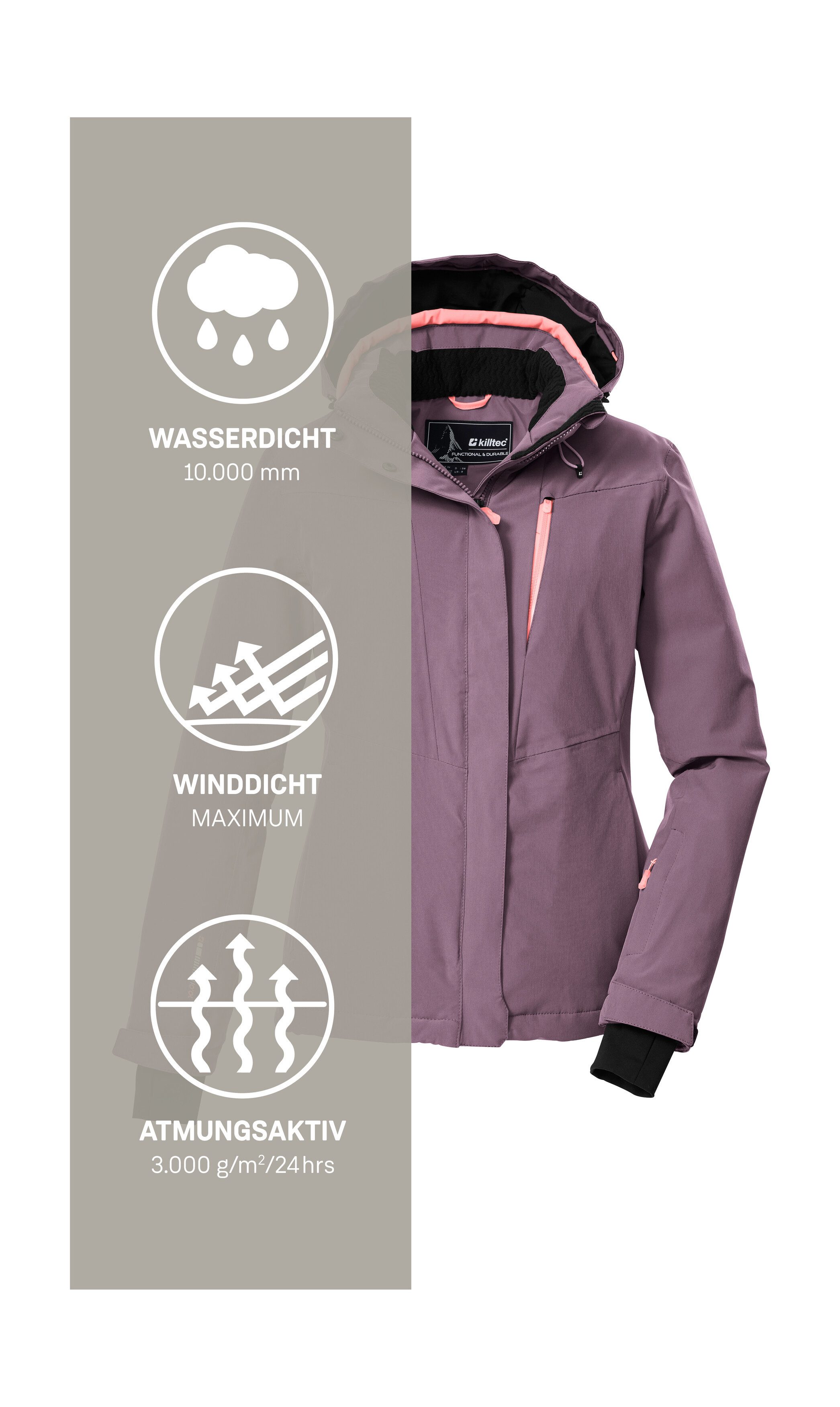 Killtec Skijacke KSW 25 WMN SKI JCKT Atmungsaktive, wasserdichte Skijacke mit abnehmbarer Kapuze