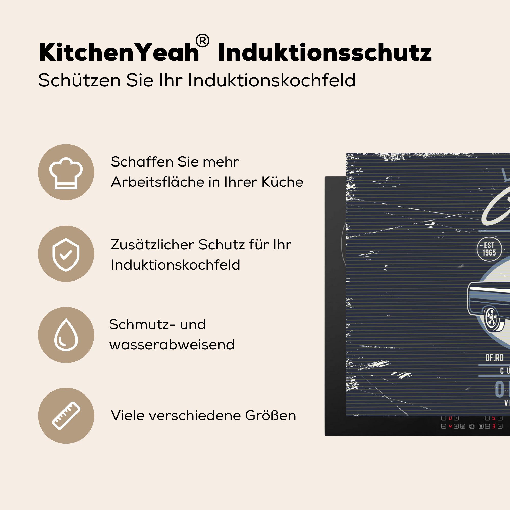 (1 Vinyl, tlg), Schutz Ceranfeldabdeckung - 81x52 küche, die MuchoWow Auto Induktionskochfeld cm, Oldtimer - Zeichnung, Herdblende-/Abdeckplatte für