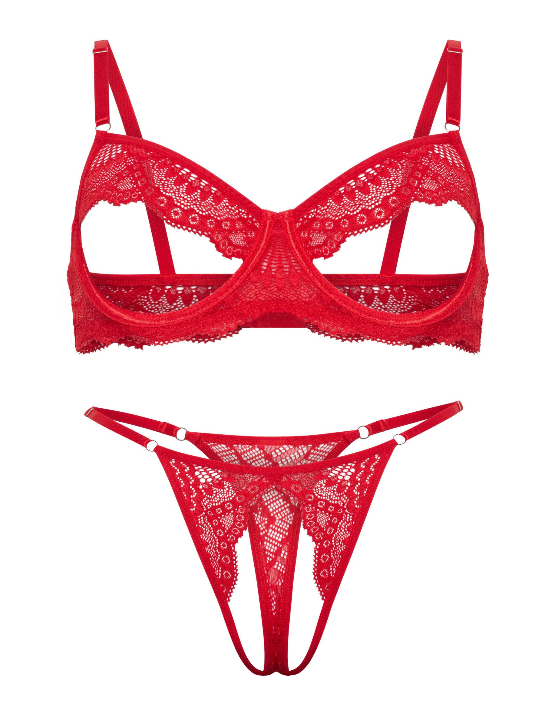 Elegant Love Set: Ouvert-BH Dessous-Set mit offenem Schritt & Brust – Reizwäsche mit Cut-Outs (Set, 2-tlg., mit Tanga) Sexy Spitzen-BH & passender String – Sinnliche Damenunterwäsche