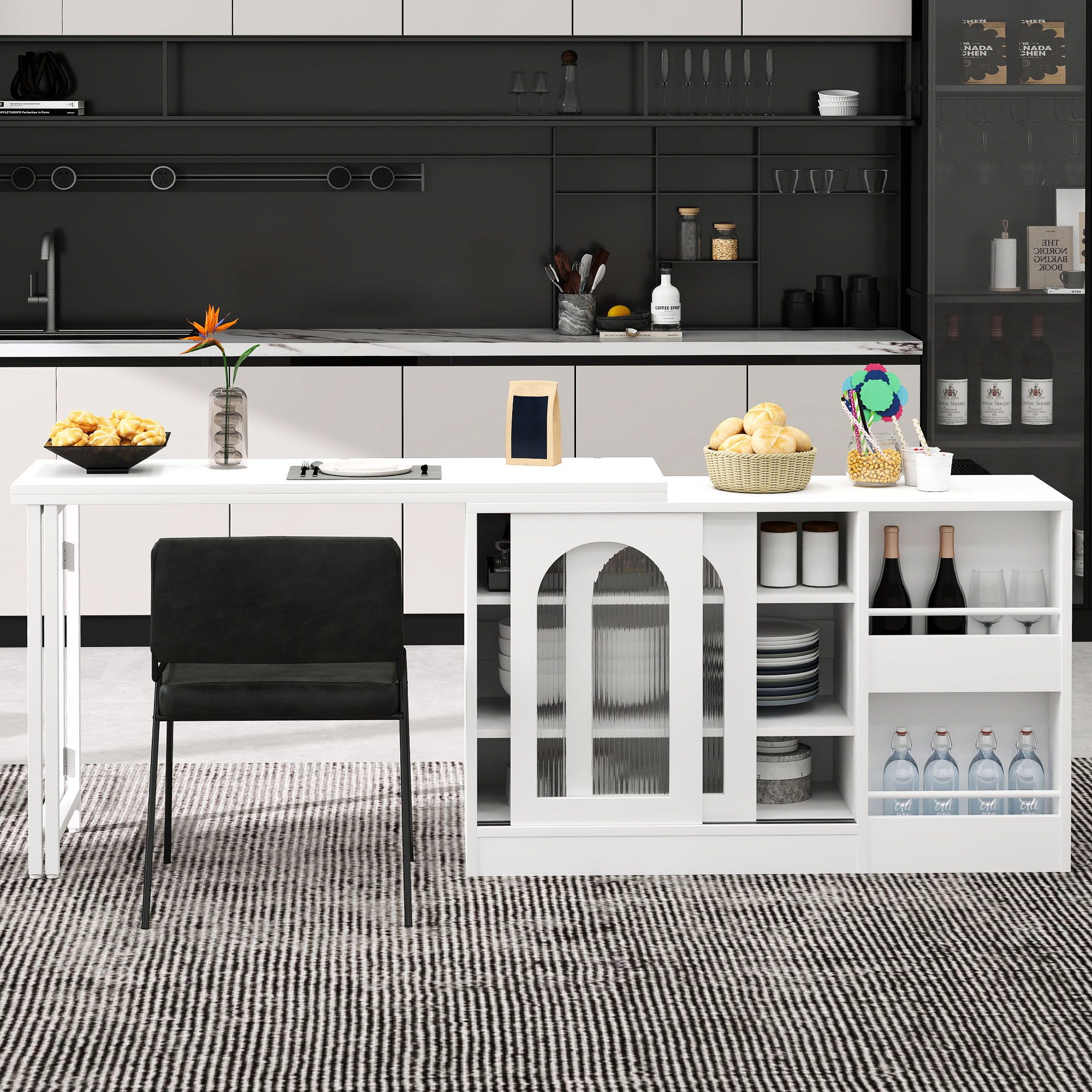 Flieks Sideboard mit 360° drehbar Tisch und verstellbarer Einlegeböden 2-in-1 (2 St., klappbare Tischplatte T40-80 cm), erweiterbarer Esstisch & Mehrzweckschran – Bild 4 von 5
