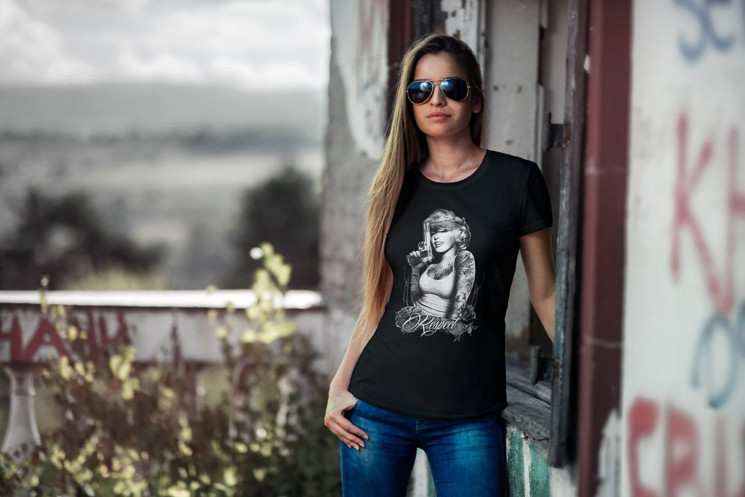 MoonWorks Respect Print-Shirt mit Monroe Slim Print T-Shirt Fit Gangster Pistole Respect Waffe mit Marylin Moonworks® Damen