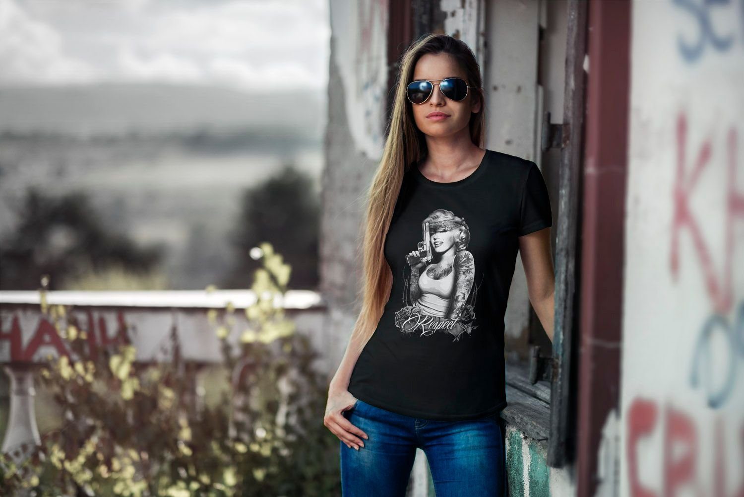 mit Waffe Monroe Moonworks® Slim T-Shirt Print-Shirt Marylin Pistole Fit mit Respect Print Damen Gangster Respect MoonWorks