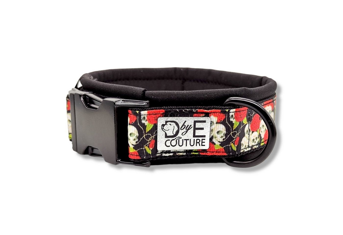 Thumbnail - D by E Couture Hunde-Halsband "Skulls & Roses III", gepolstert, verstellbar, 30mm breit, Handmade