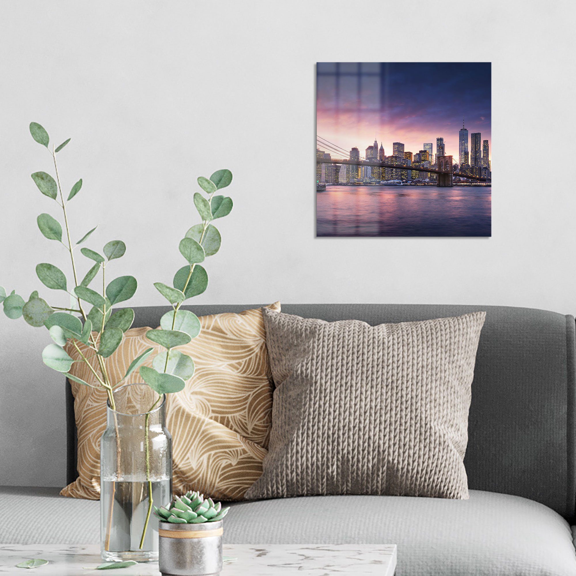 DEQORI Glasbild 'Brooklyn Bridge Abendröte', 'Brooklyn Bridge Abendröte', Glas Wandbild Bild schwebend modern